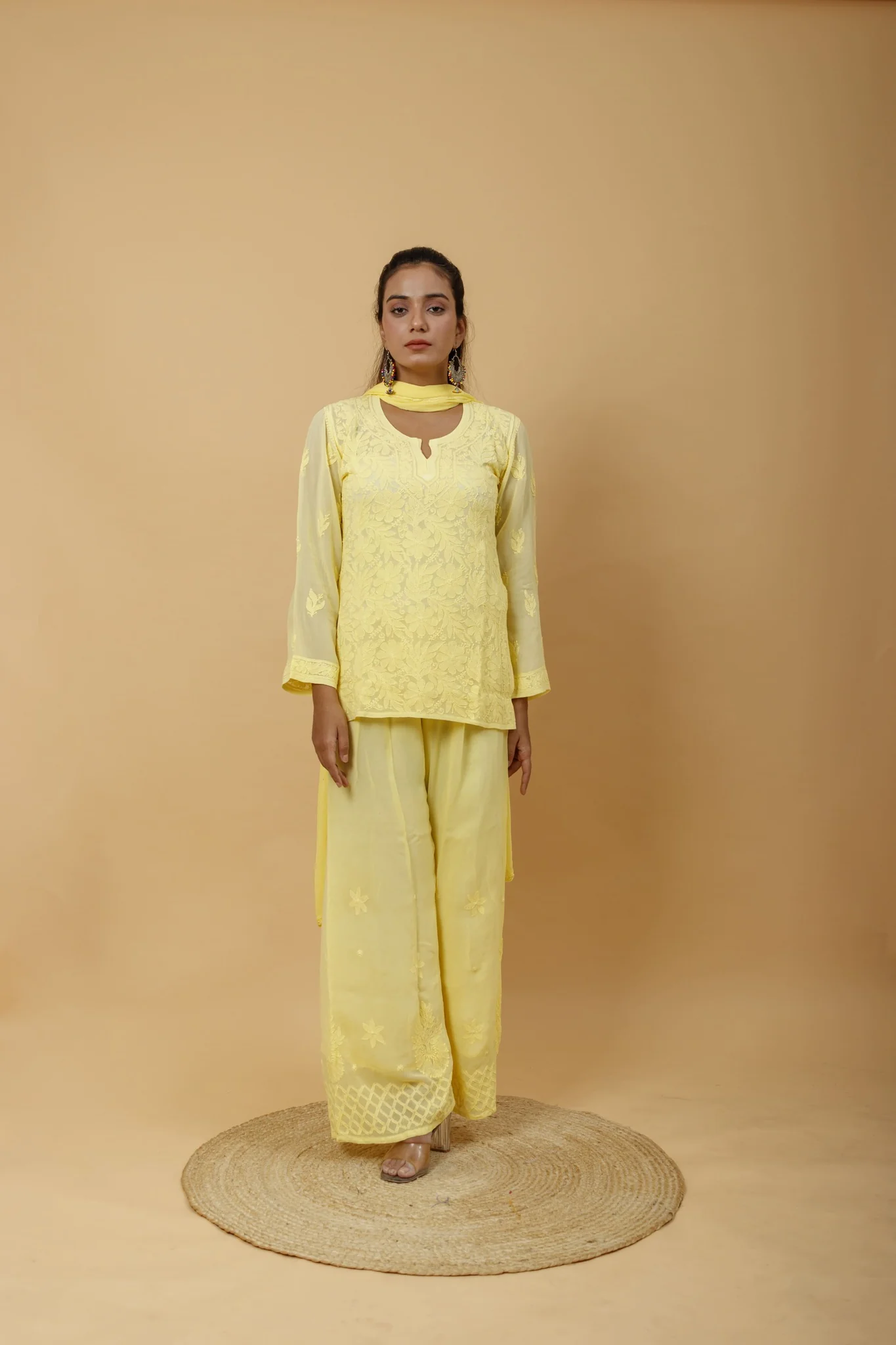 Arsh Handcrafted Top, Dupatta and Plazzo Set dyed in Lemon Yellow Colour
