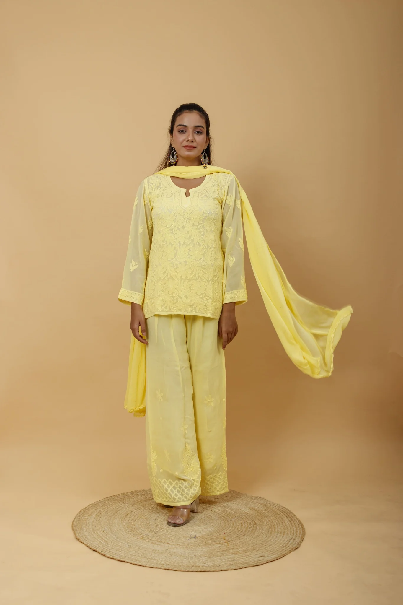 Arsh Handcrafted Top, Dupatta and Plazzo Set dyed in Lemon Yellow Colour - Image 3