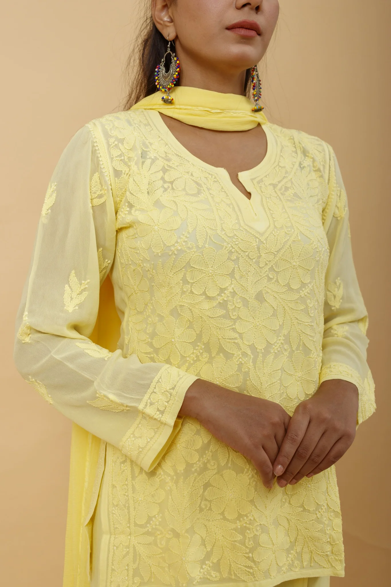 Arsh Handcrafted Top, Dupatta and Plazzo Set dyed in Lemon Yellow Colour - Image 4