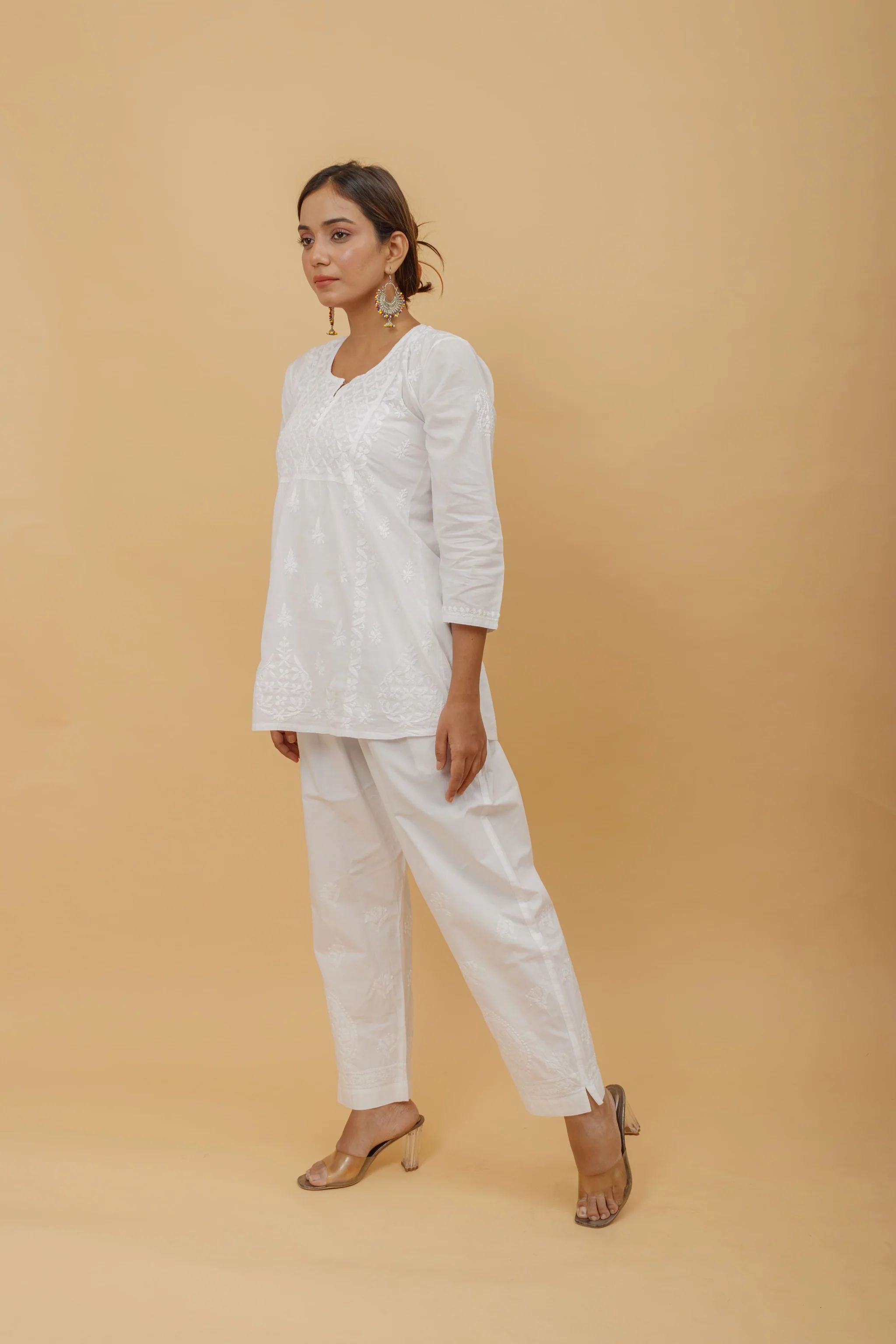 Arsh Handcrafted Pure Cotton White Chikan Short Top - Image 2