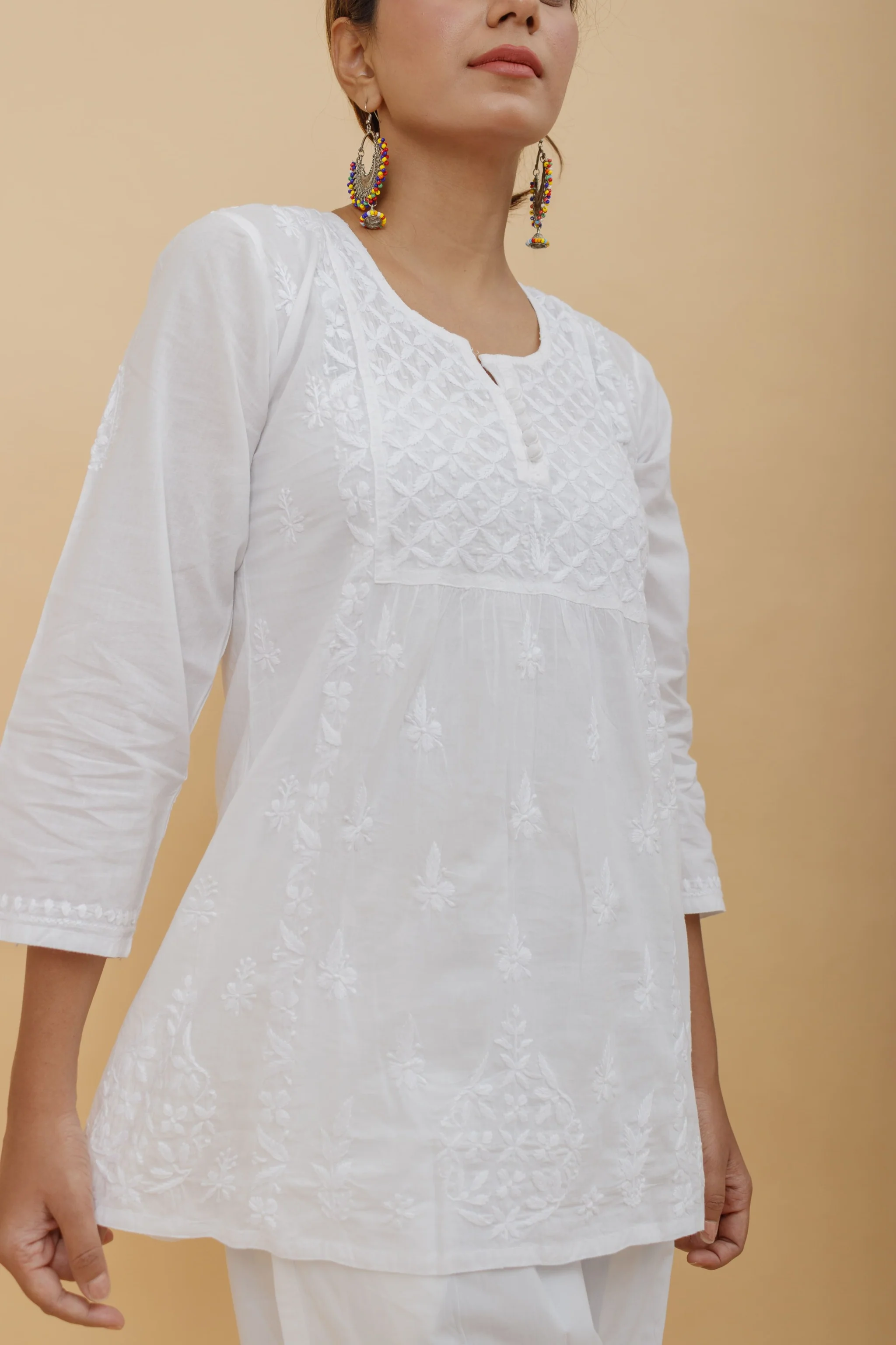 Arsh Handcrafted Pure Cotton White Chikan Short Top - Image 3