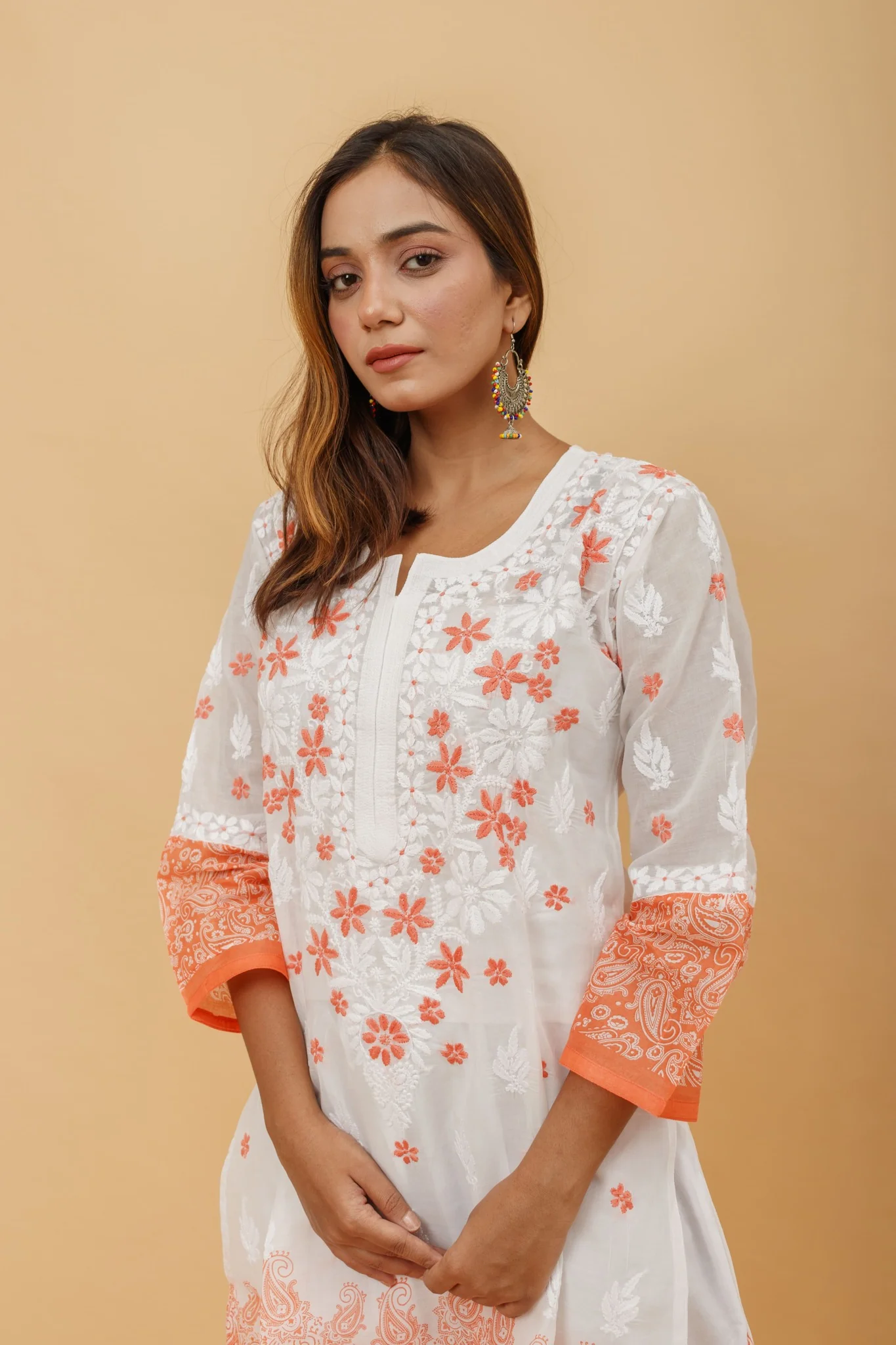 Arsh Handcrafted White and Orange Pure Cotton Chikankari Kairi Printed Kurti - Image 6