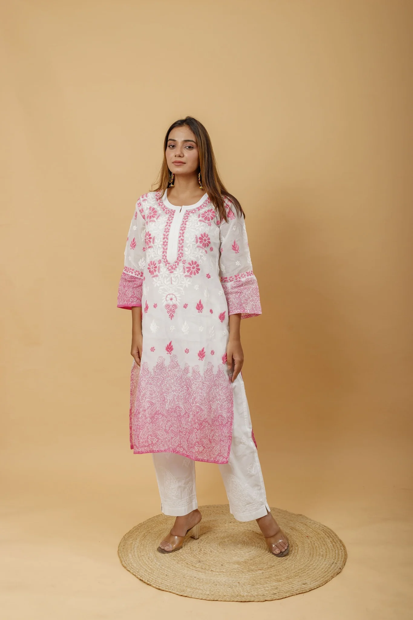 Arsh Handcrafted White and Pink Pure Cotton Chikankari Kairi Printed Kurti - Image 5