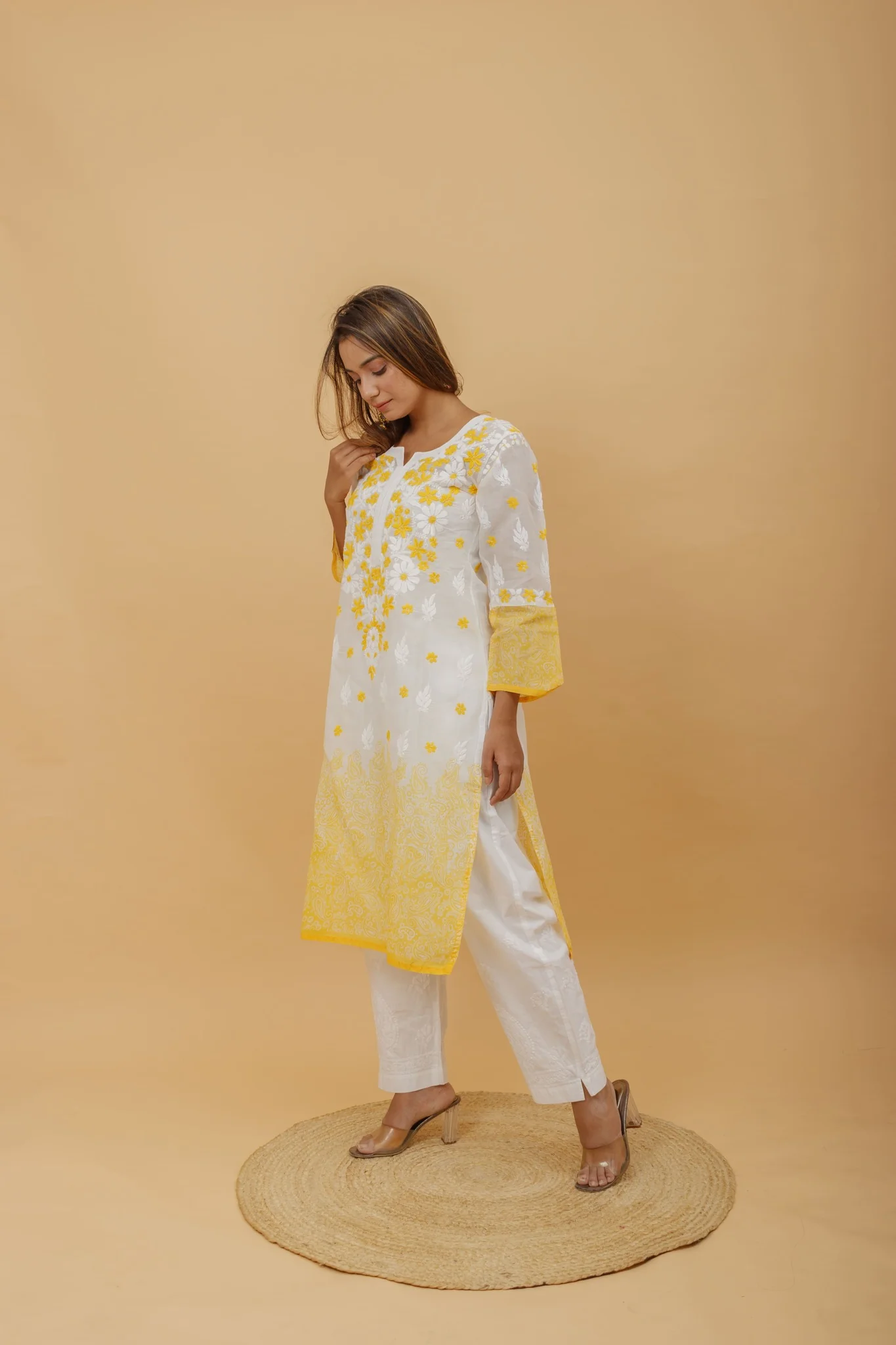 Arsh Handcrafted White and Yellow Pure Cotton Chikankari Kairi Printed Kurti - Image 2