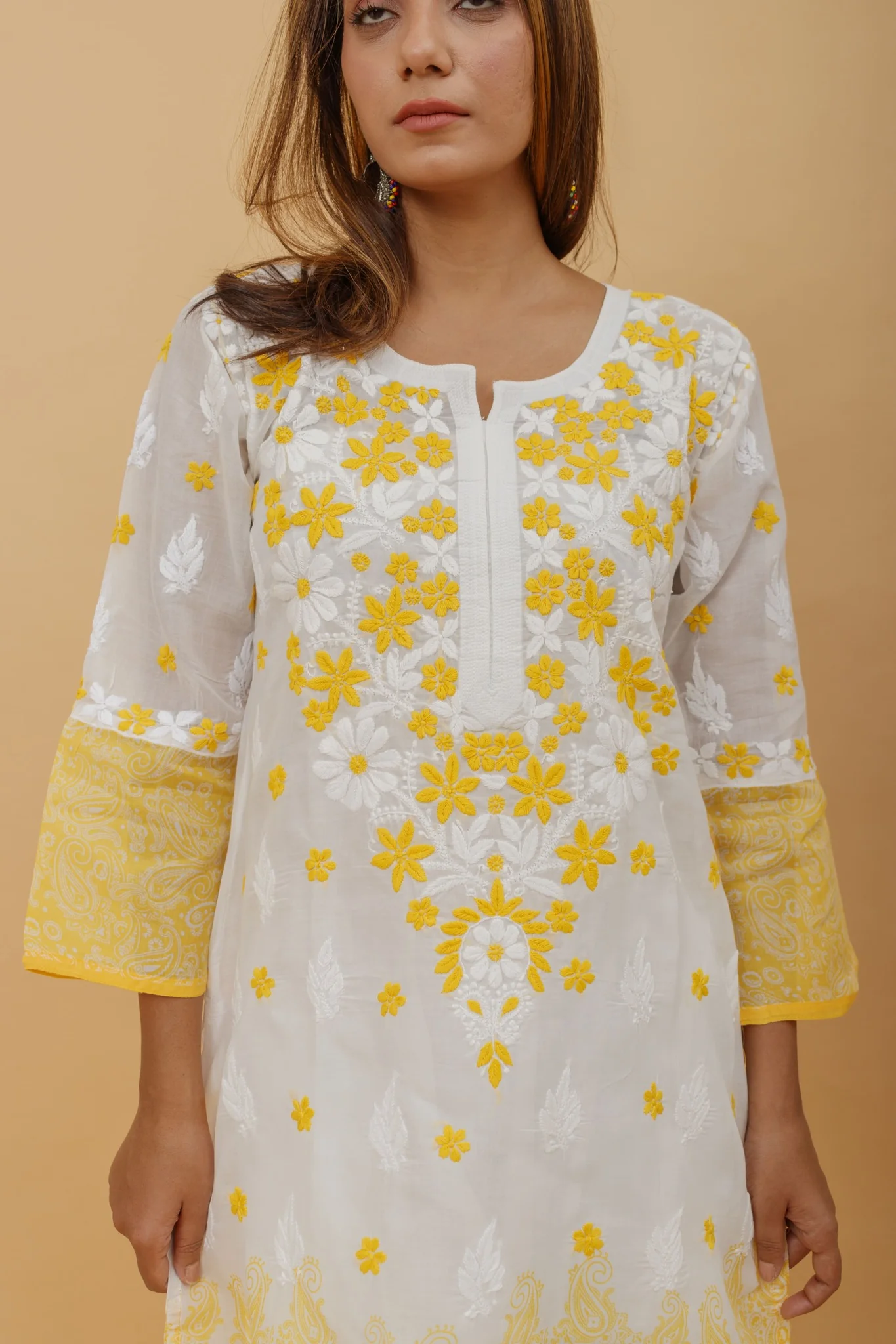 Arsh Handcrafted White and Yellow Pure Cotton Chikankari Kairi Printed Kurti - Image 3