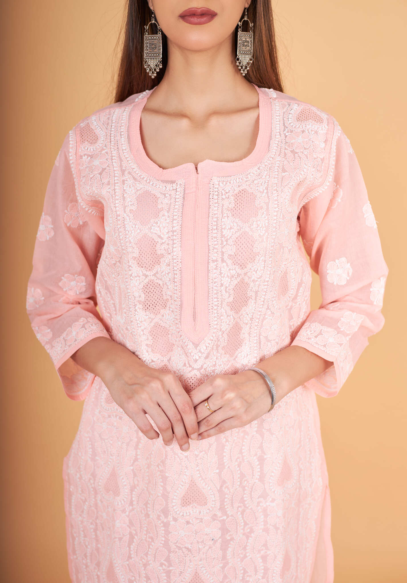 Arsh Handcrafted Peach Front Jaal with hanmade Jaali Kurti - Image 2