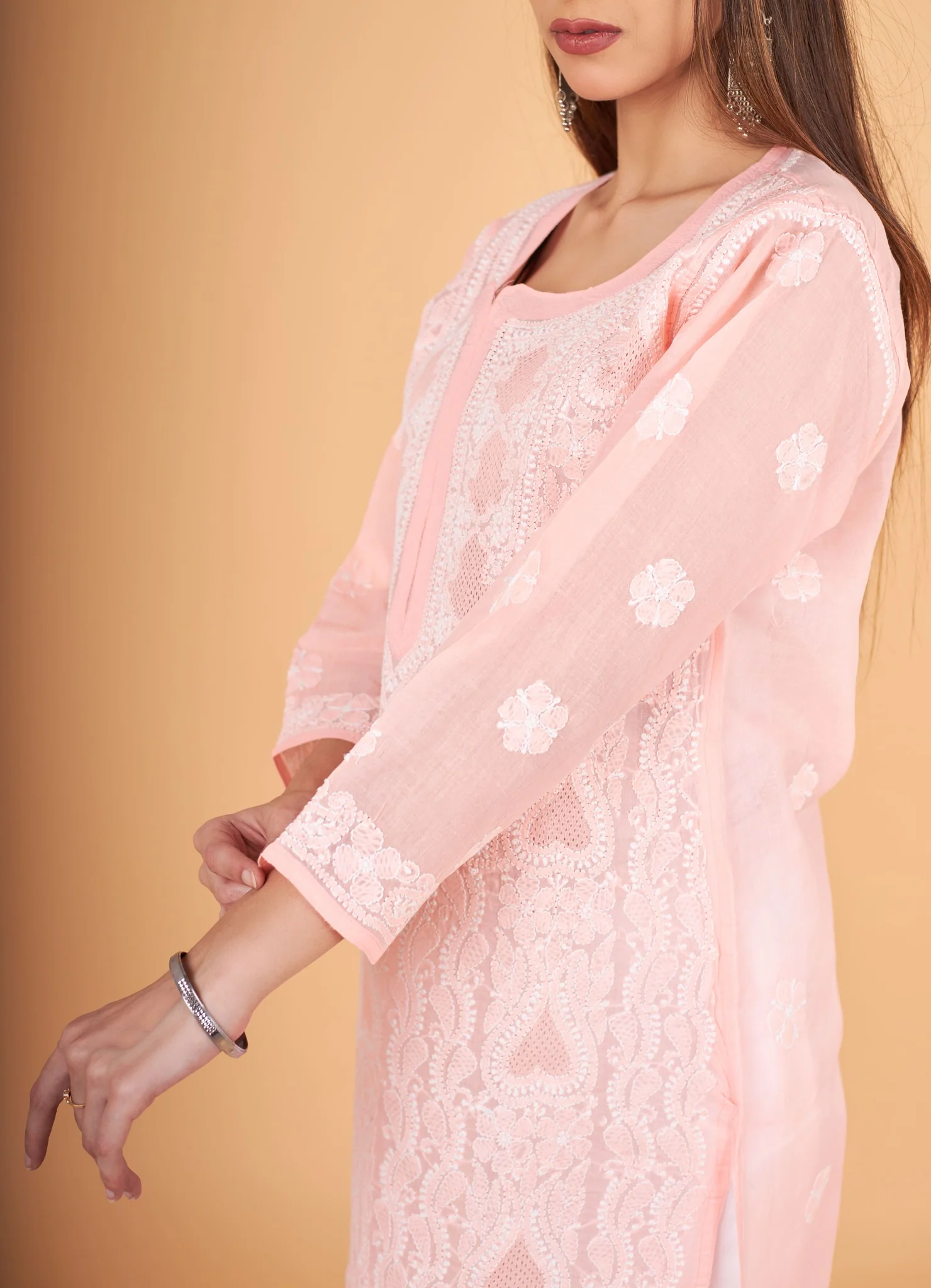 Arsh Handcrafted Peach Front Jaal with hanmade Jaali Kurti - Image 3