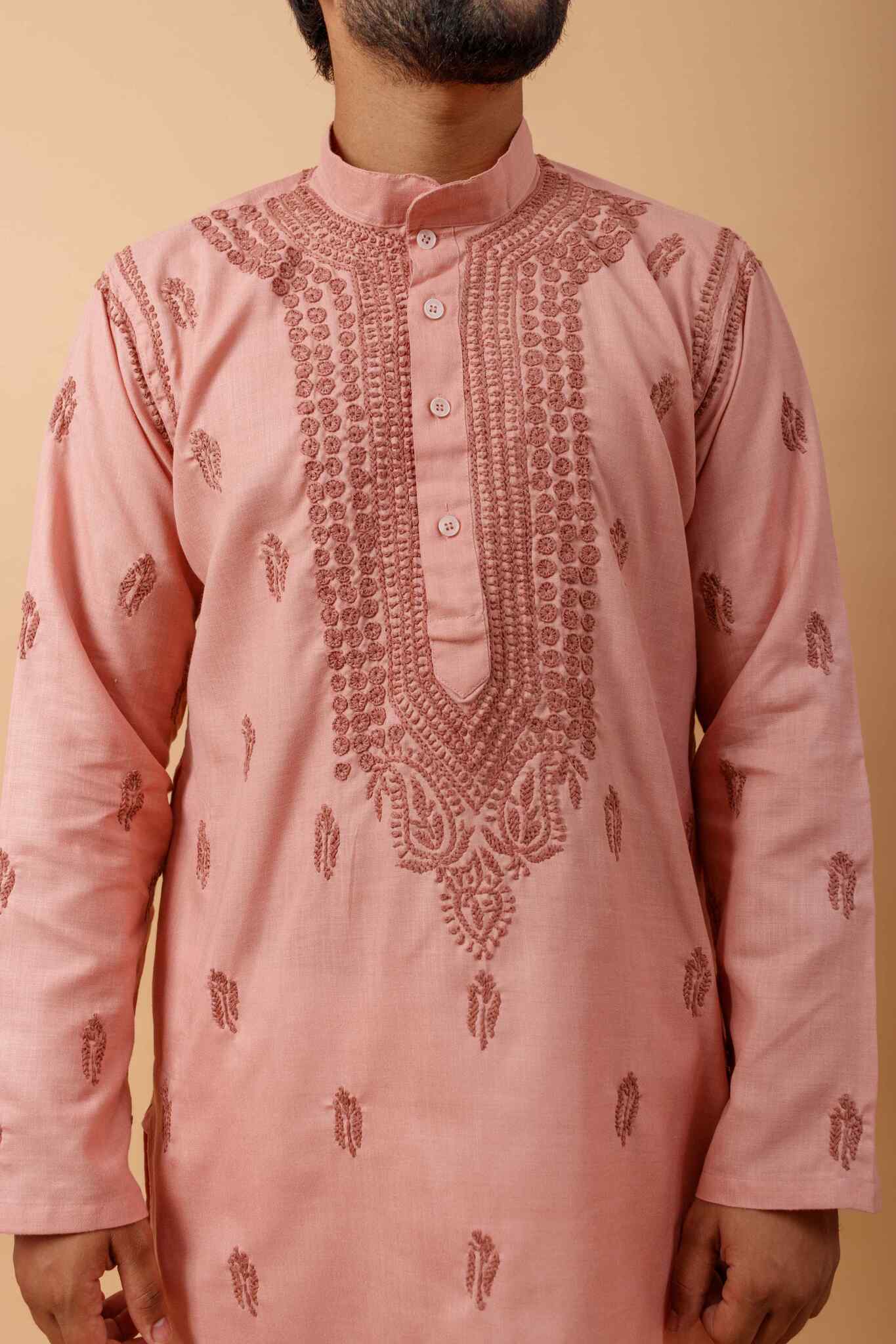 Arsh Handcrafted Peach Gala Booti Pure Cotton Men's Kurta - Image 3