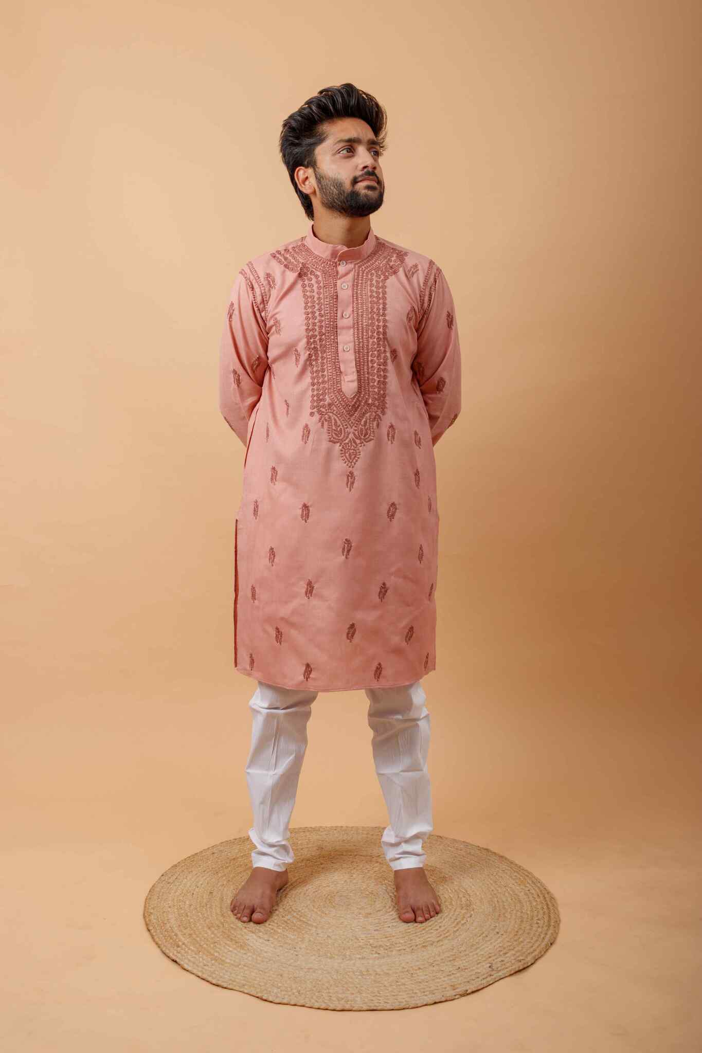 Arsh Handcrafted Peach Gala Booti Pure Cotton Men's Kurta - Image 4