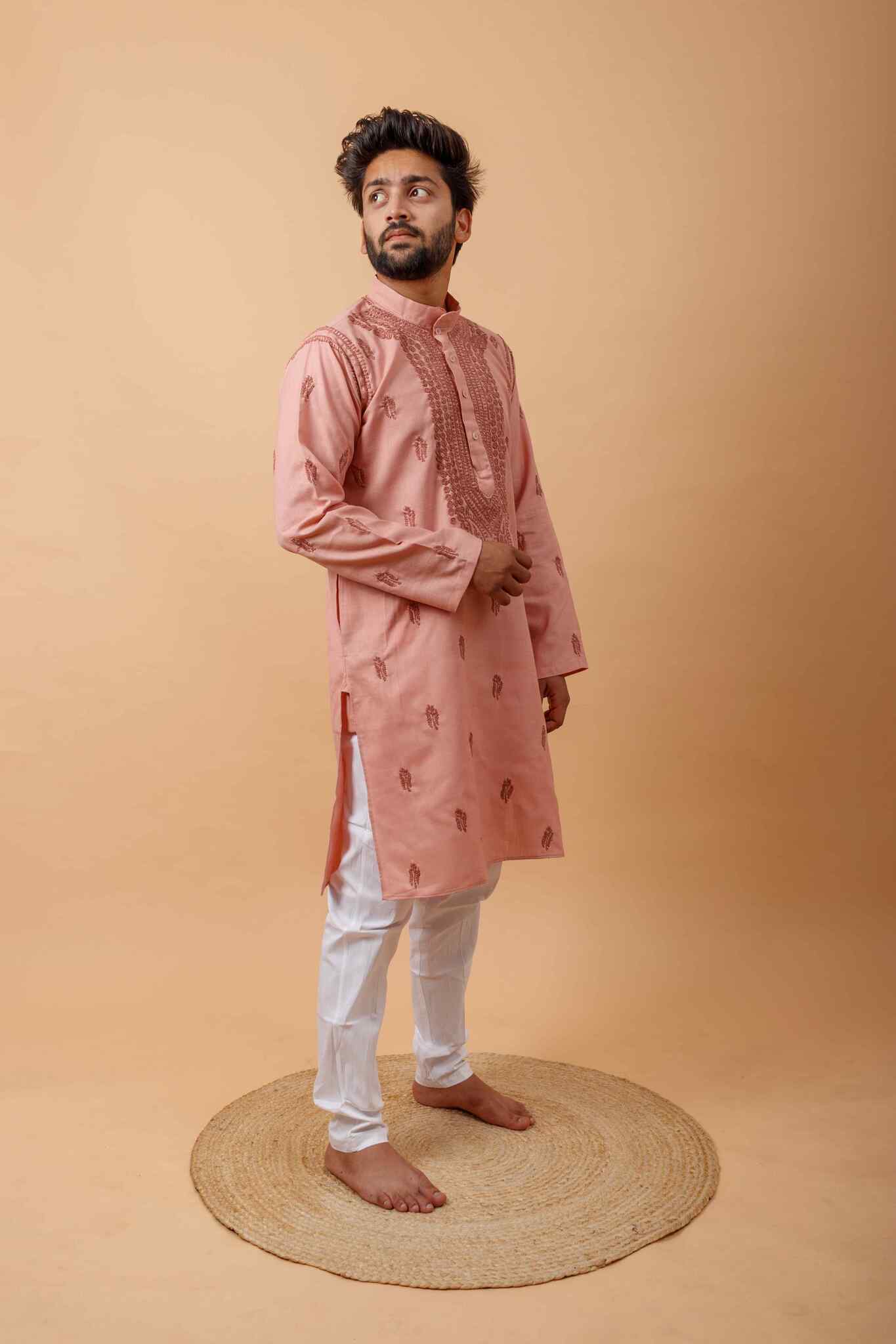 Arsh Handcrafted Peach Gala Booti Pure Cotton Men's Kurta - Image 5
