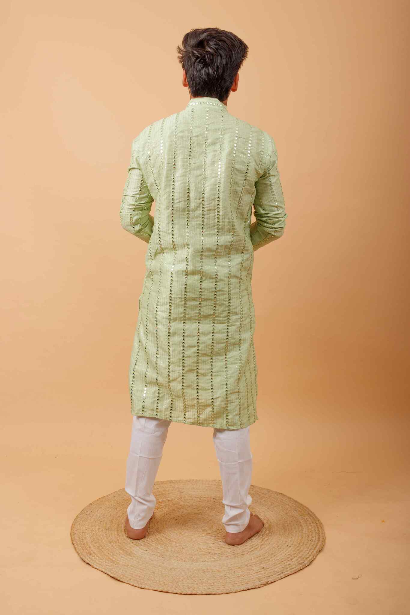 Arsh Mint Green All Over Embroidered With Mirror Work Men's Kurta - Image 2