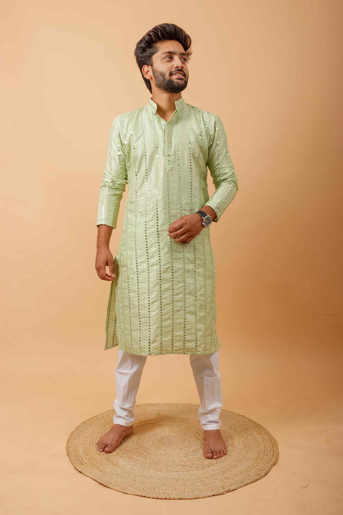 Arsh Mint Green All Over Embroidered With Mirror Work Men's Kurta - Image 4
