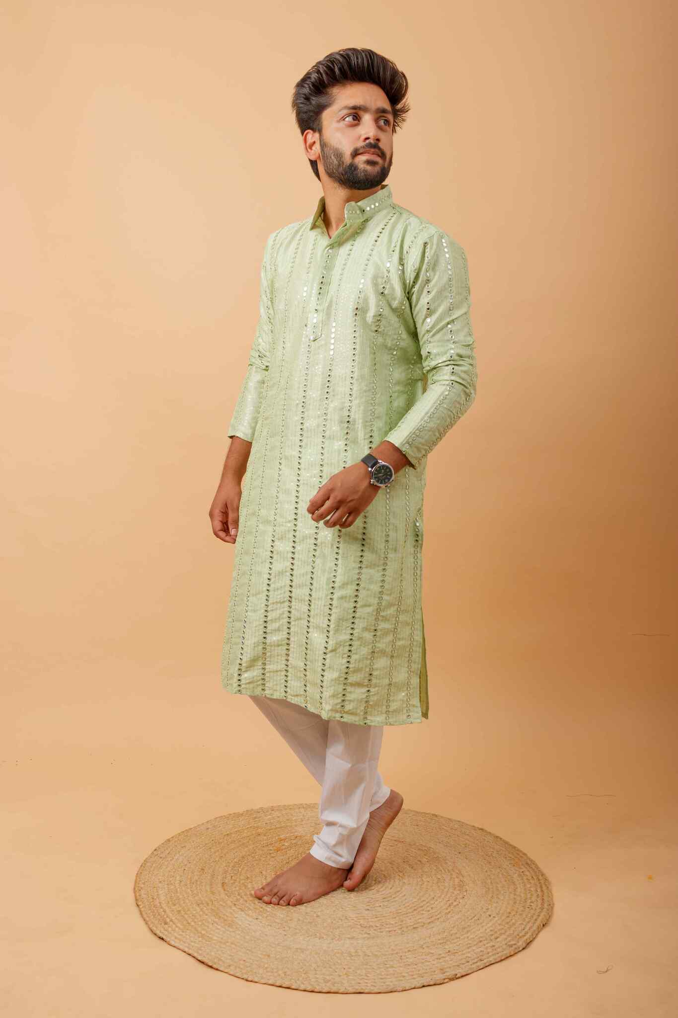 Arsh Mint Green All Over Embroidered With Mirror Work Men's Kurta - Image 5