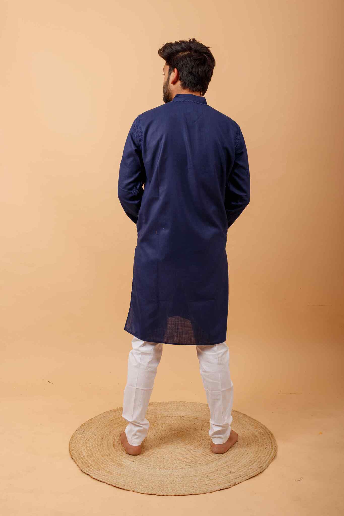 Arsh Handcrafted Navy Blue Gala Booti Pure Cotton Men's Kurta - Image 2