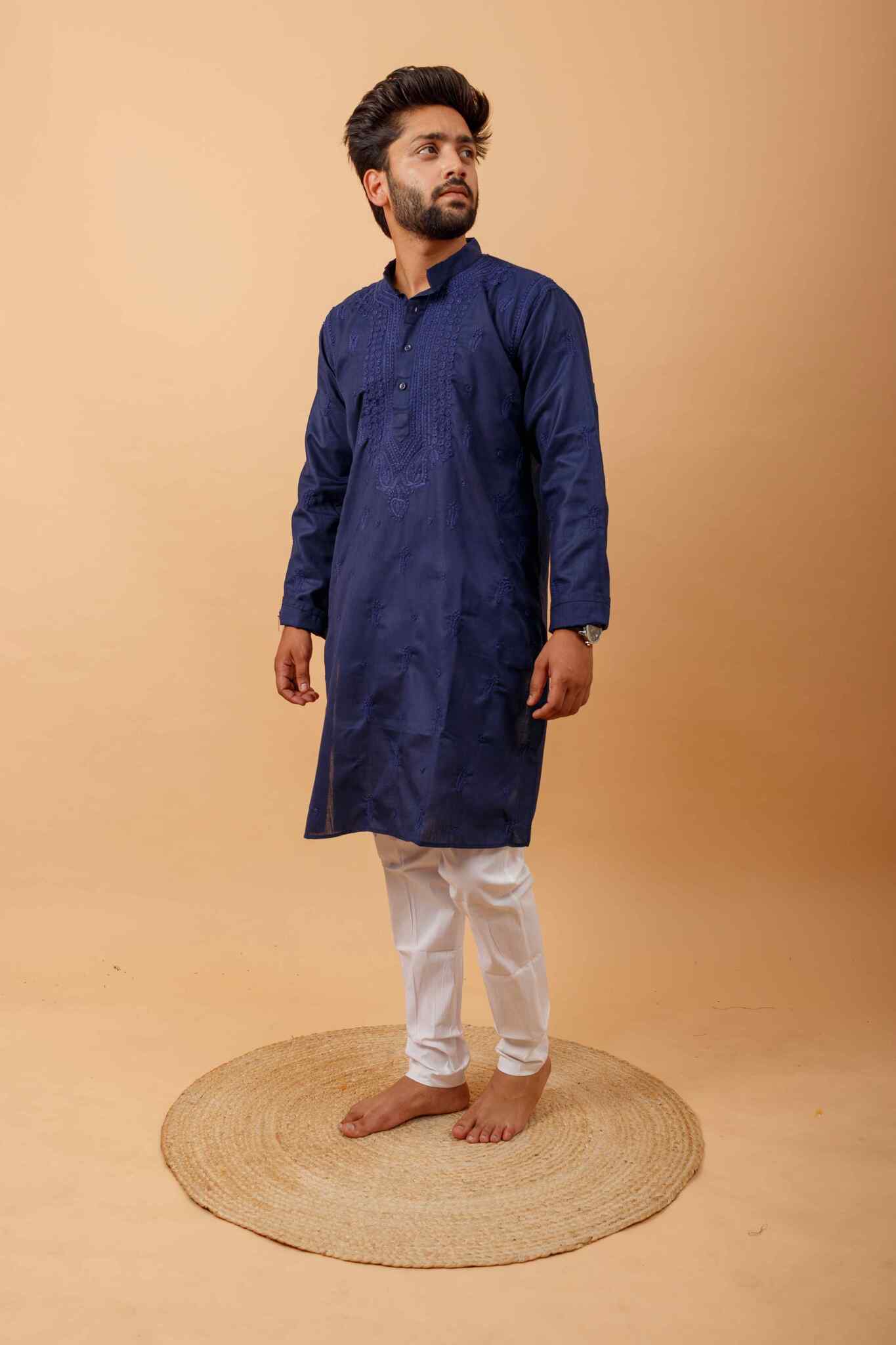 Arsh Handcrafted Navy Blue Gala Booti Pure Cotton Men's Kurta - Image 4