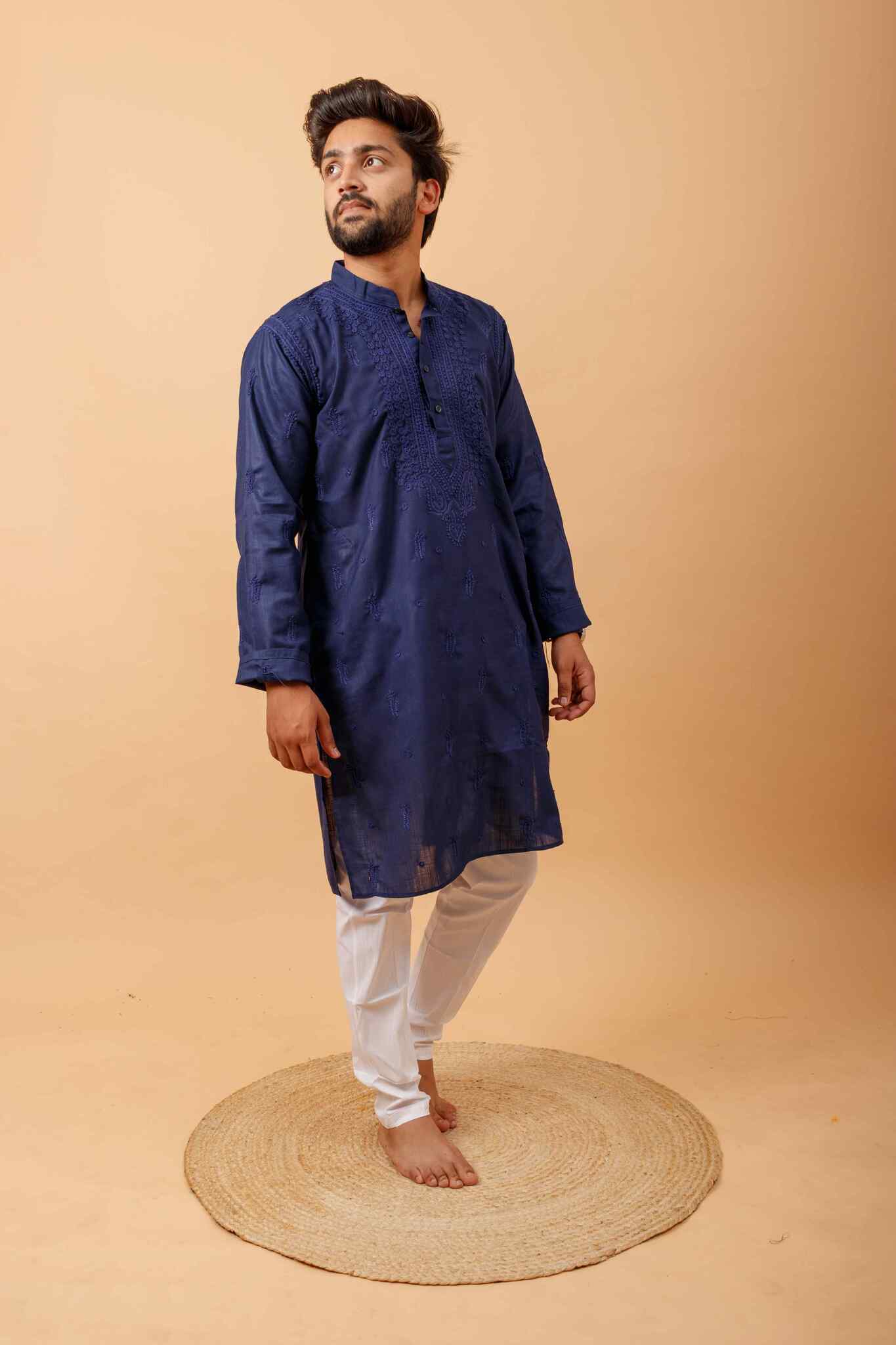 Arsh Handcrafted Navy Blue Gala Booti Pure Cotton Men's Kurta - Image 5