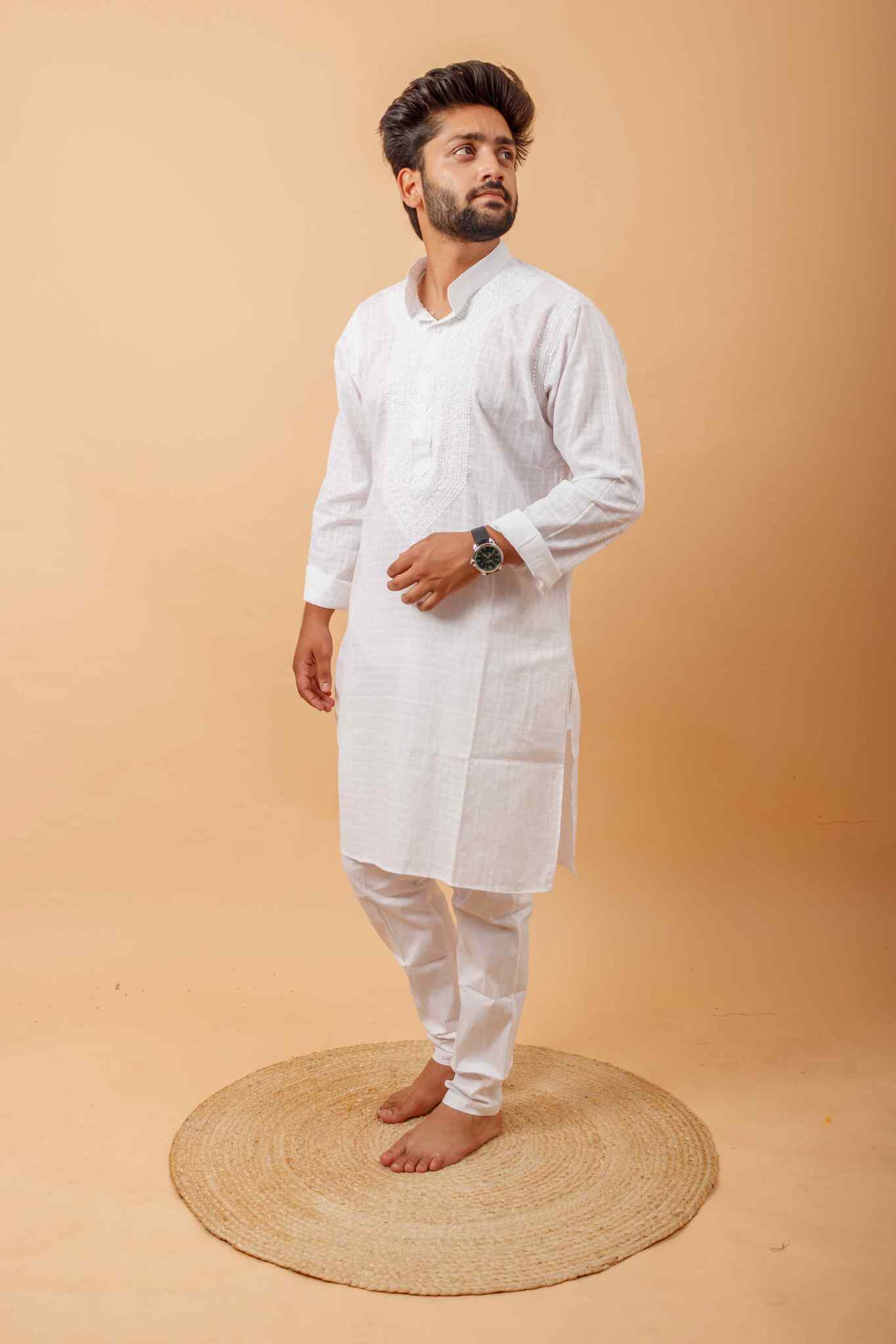 Arsh Handcrafted Self-Checked Hand Embroidered Pure Cotton Men's Kurta - Image 5