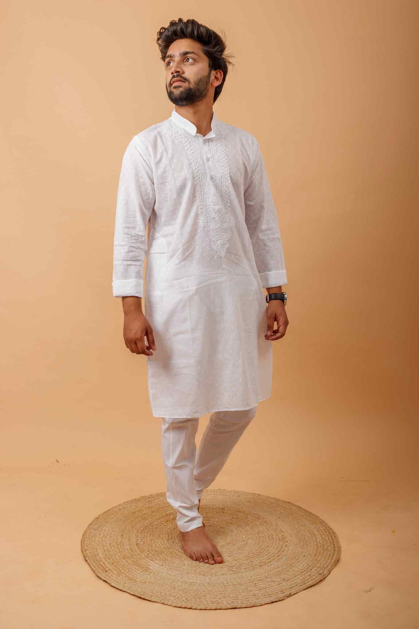 Arsh Handcrafted White Neck Embroidered Pure Cotton Men's Kurta - Image 5