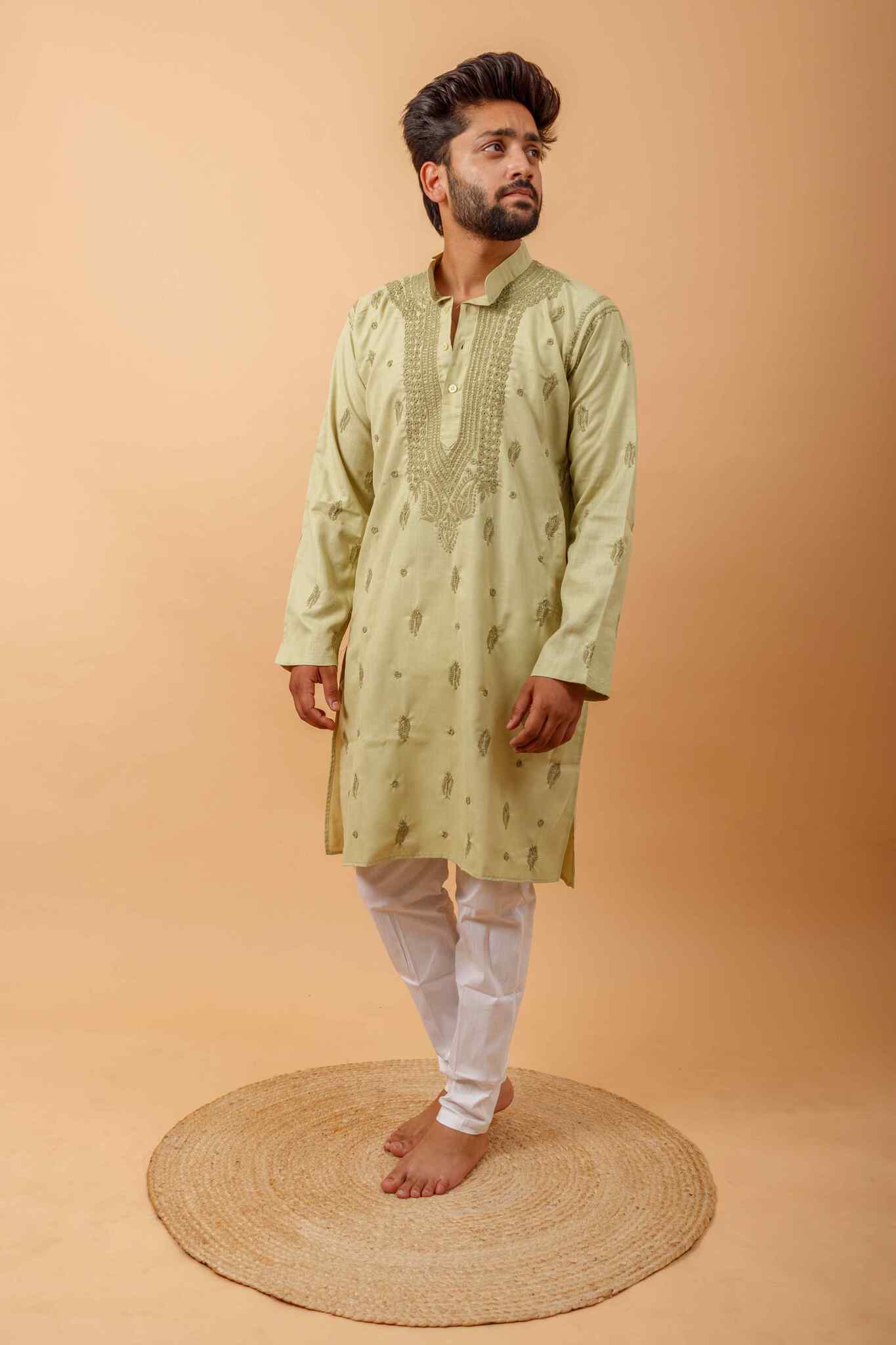 Arsh Handcrafted Pista Green Gala Booti Pure Cotton Men's Kurta - Image 5