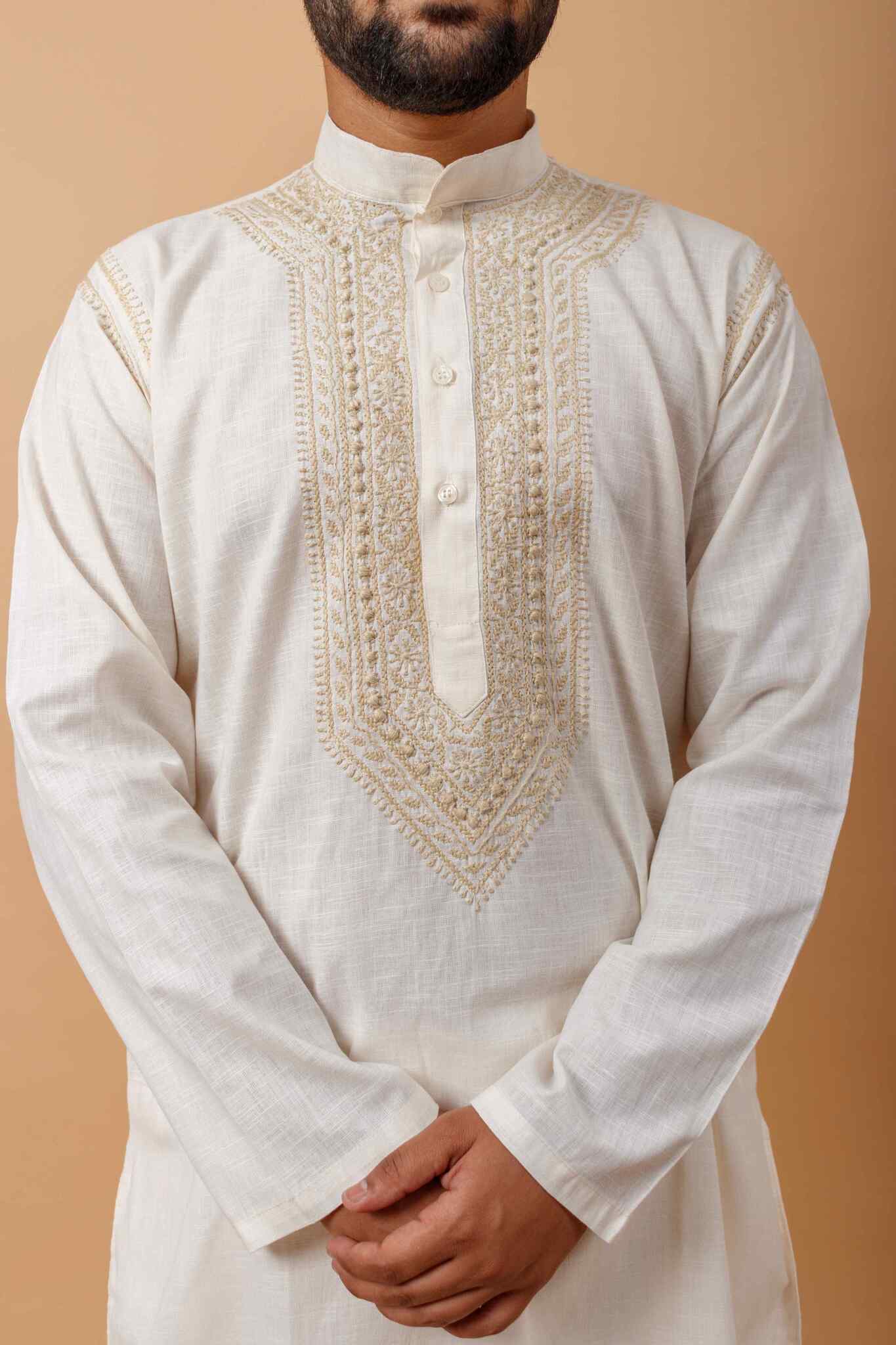 Arsh Handcrafted Off White Neck Embroidered Pure Cotton Men's Kurta - Image 3