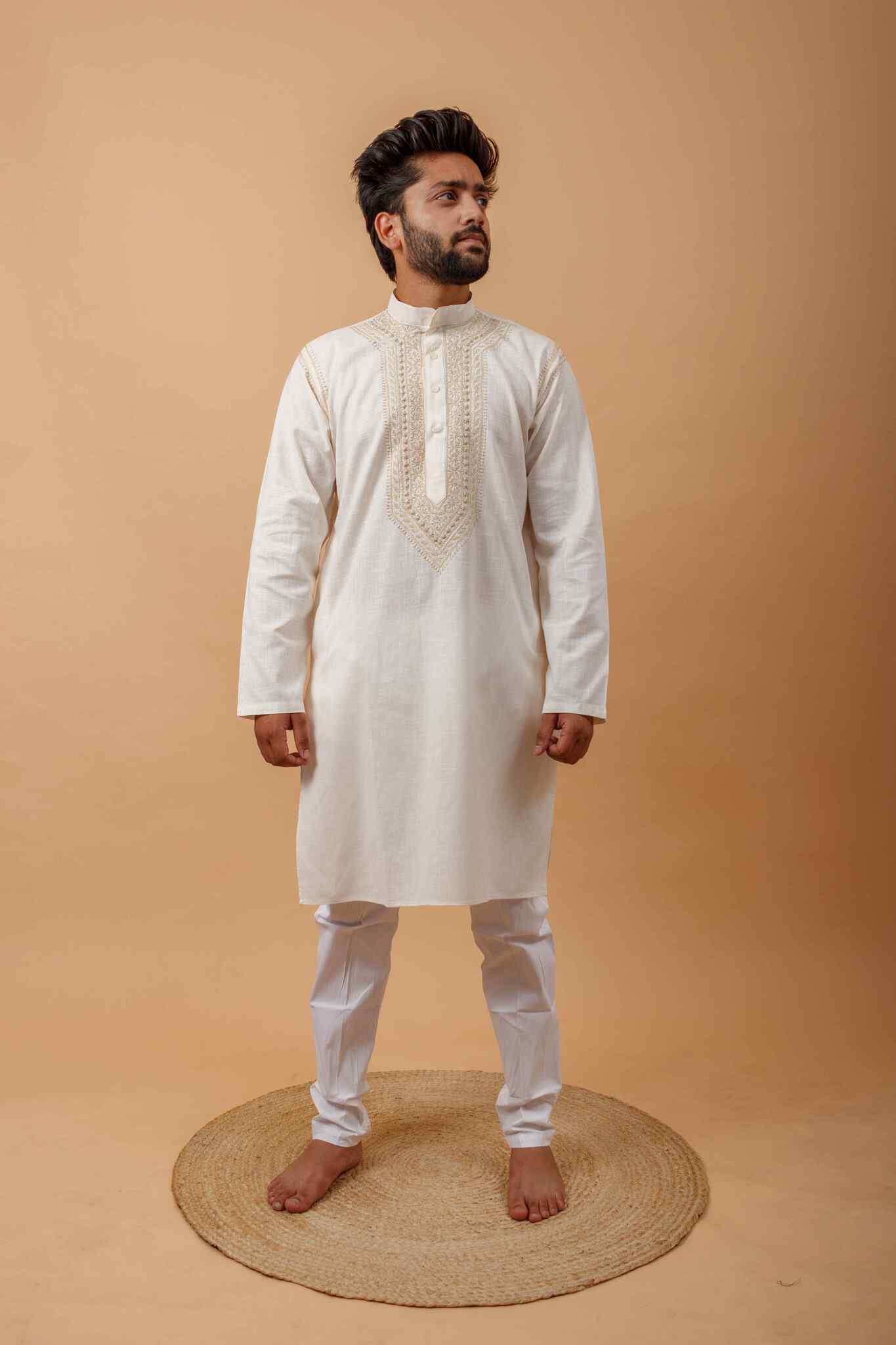Arsh Handcrafted Off White Neck Embroidered Pure Cotton Men's Kurta - Image 4
