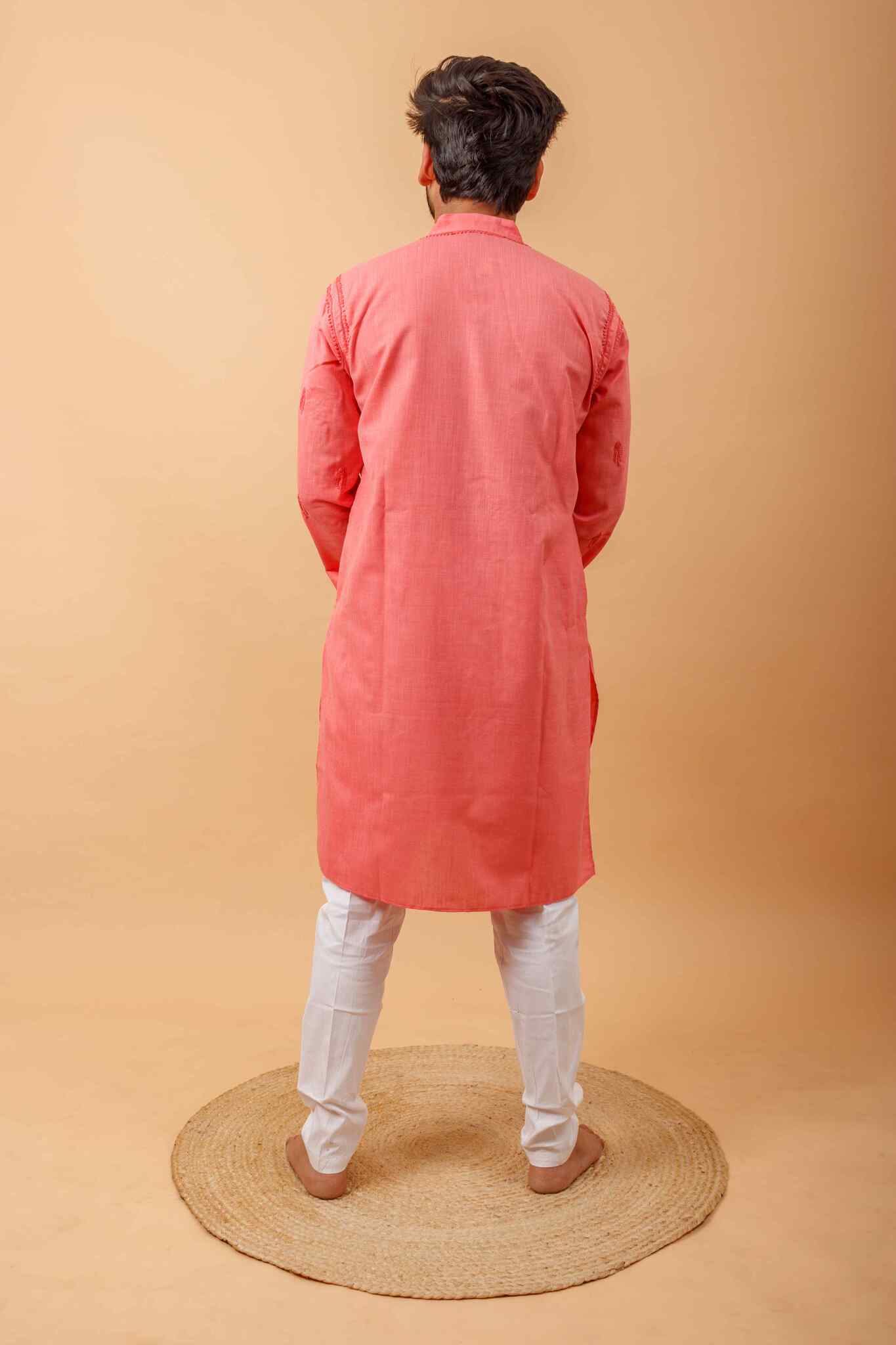 Arsh Handcrafted Tomato Red Gala Booti Pure Cotton Men's Kurta - Image 3