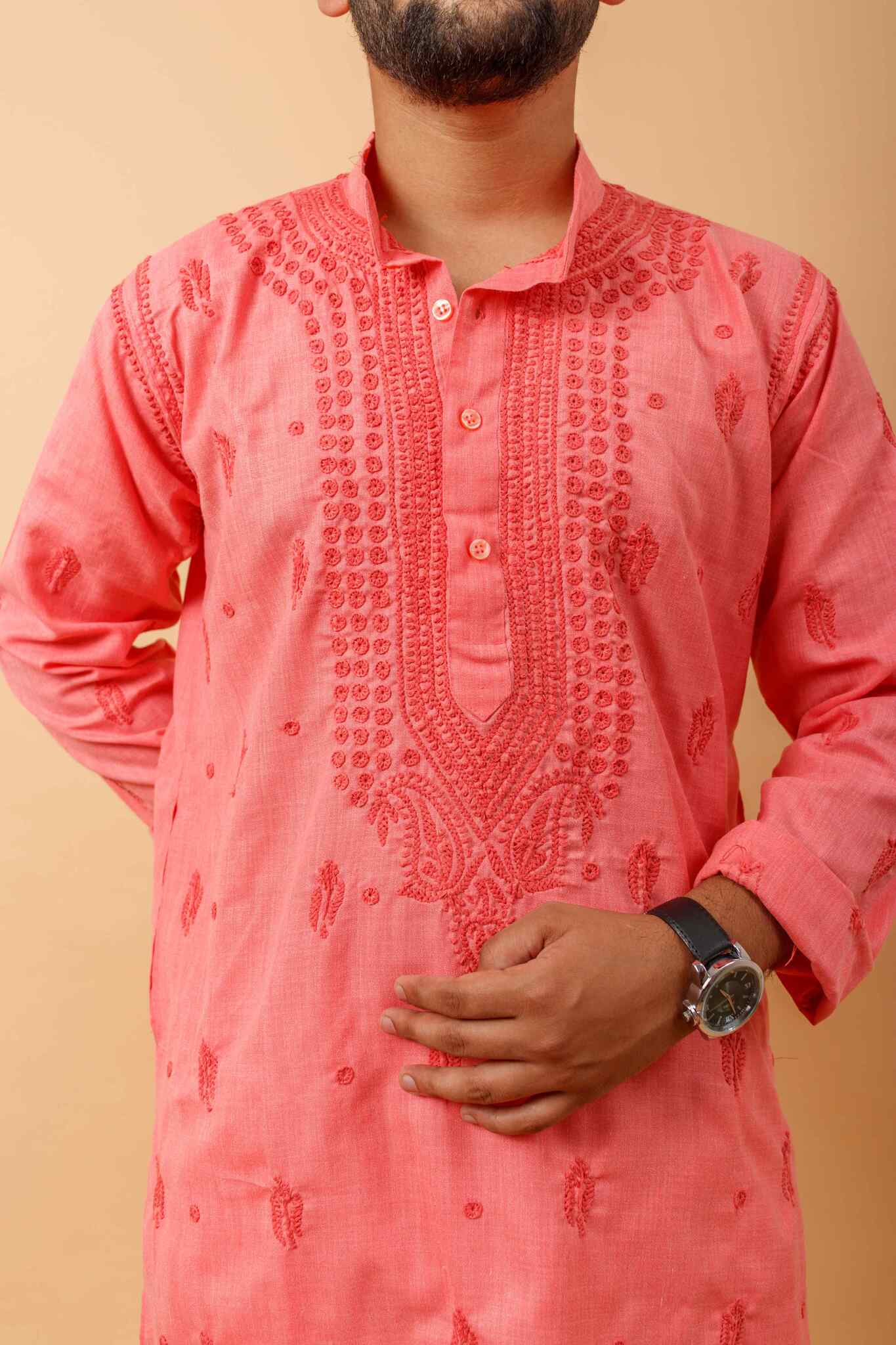 Arsh Handcrafted Tomato Red Gala Booti Pure Cotton Men's Kurta - Image 4