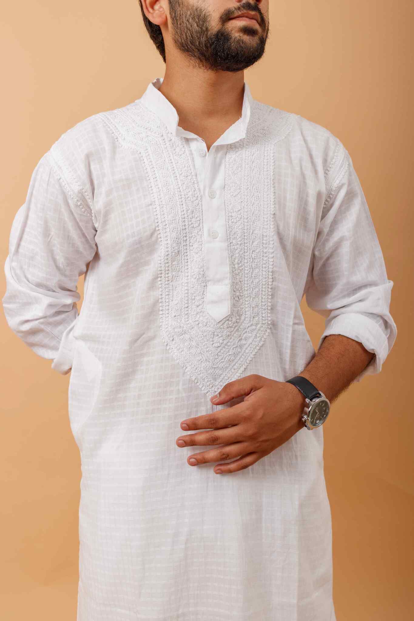 Arsh Handcrafted Self-Checked Hand Embroidered Pure Cotton Men's Kurta - Image 2