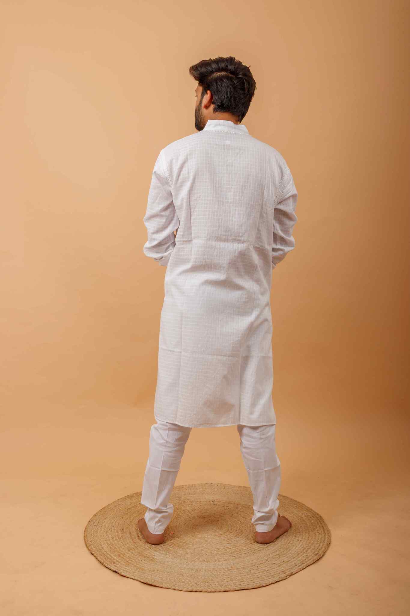 Arsh Handcrafted Self-Checked Hand Embroidered Pure Cotton Men's Kurta - Image 5