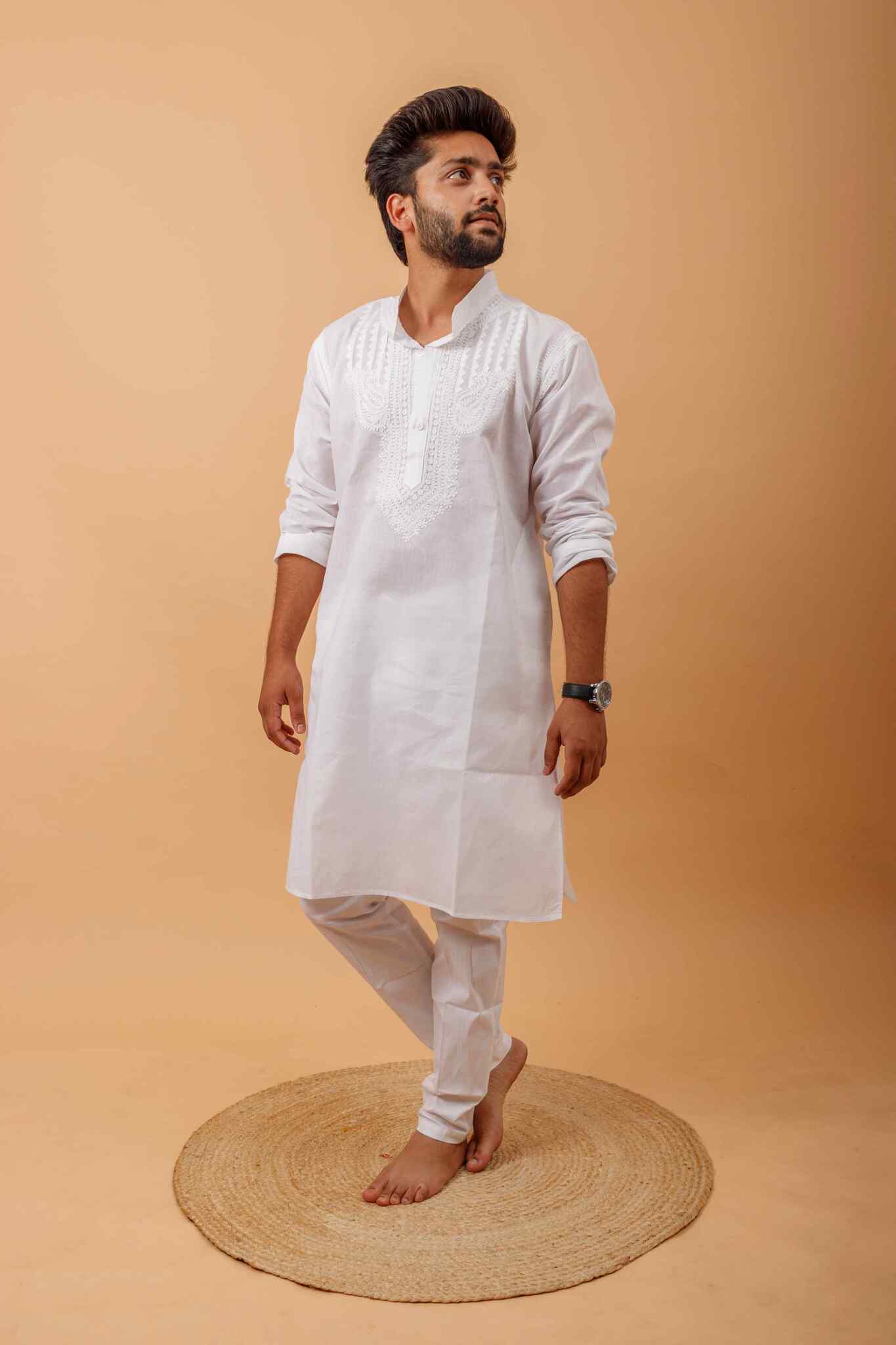 Arsh Handcrafted Yog Neck Daraj Hand Embroidered Pure Cotton Men's Kurta - Image 5