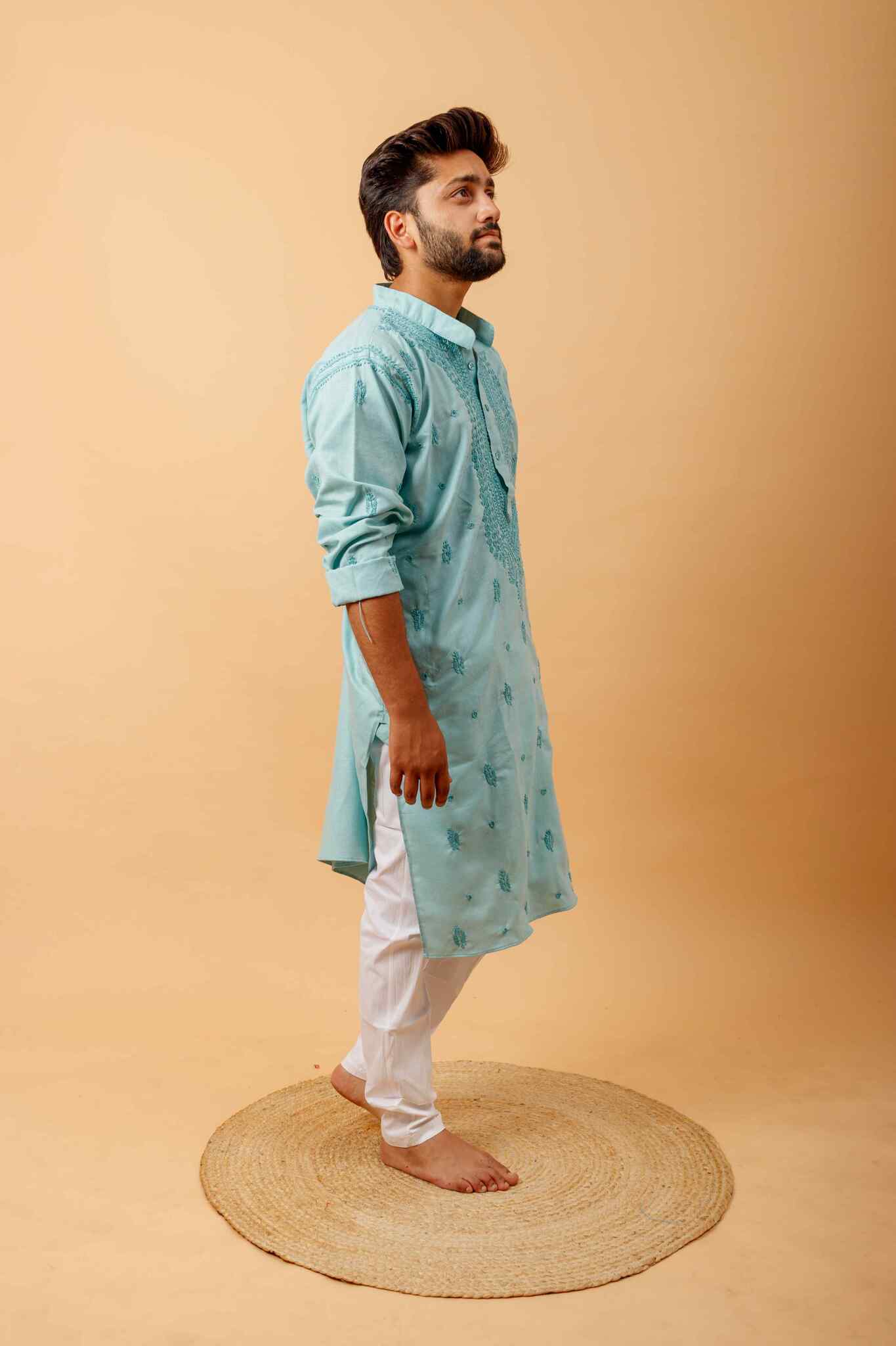 Arsh Handcrafted Firozi Gala Booti Pure Cotton Men's Kurta - Image 2