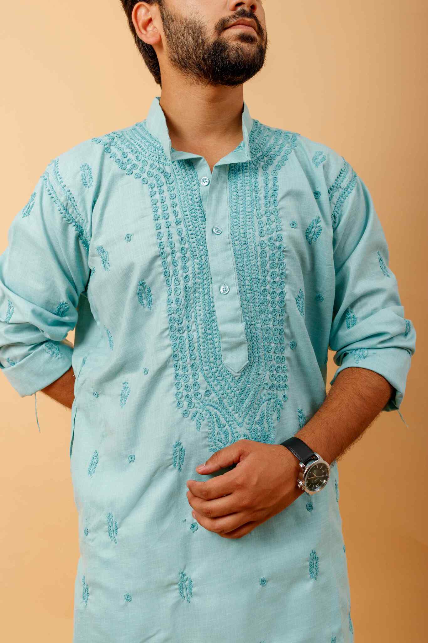 Arsh Handcrafted Firozi Gala Booti Pure Cotton Men's Kurta - Image 4
