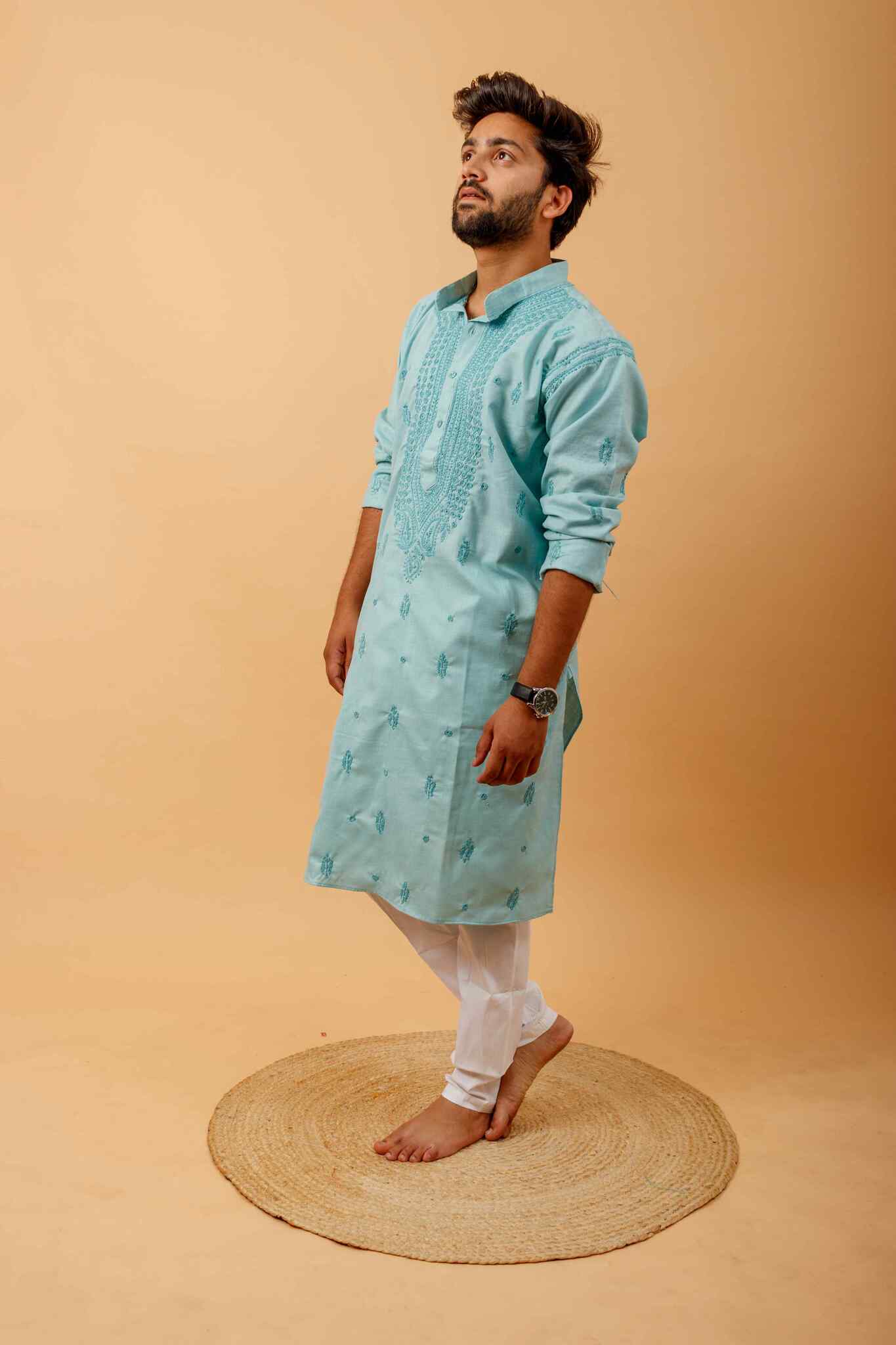 Arsh Handcrafted Firozi Gala Booti Pure Cotton Men's Kurta - Image 5