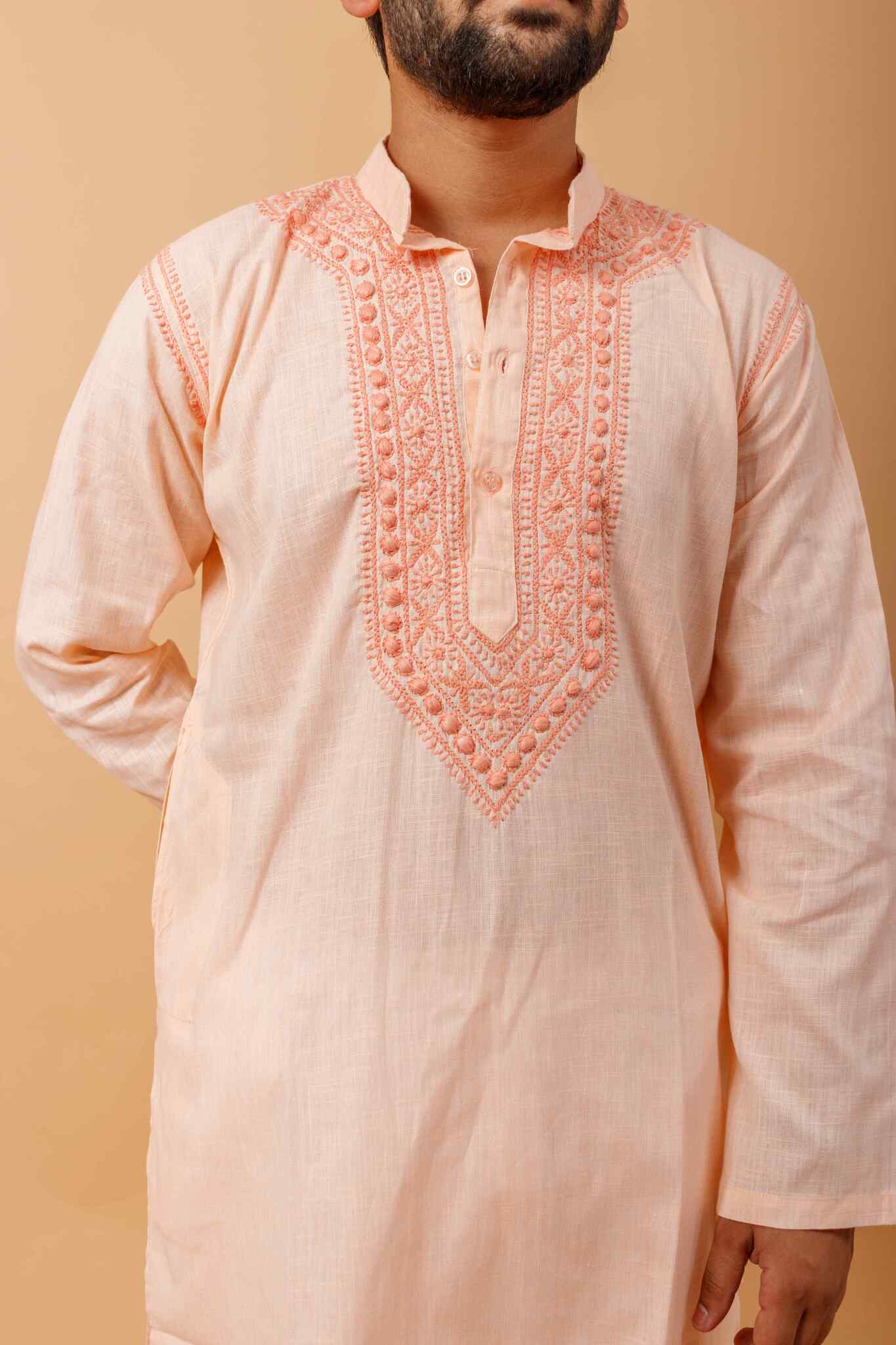 Arsh Handcrafted Salmon Orange Neck Embroidered Pure Cotton Men's Kurta - Image 3
