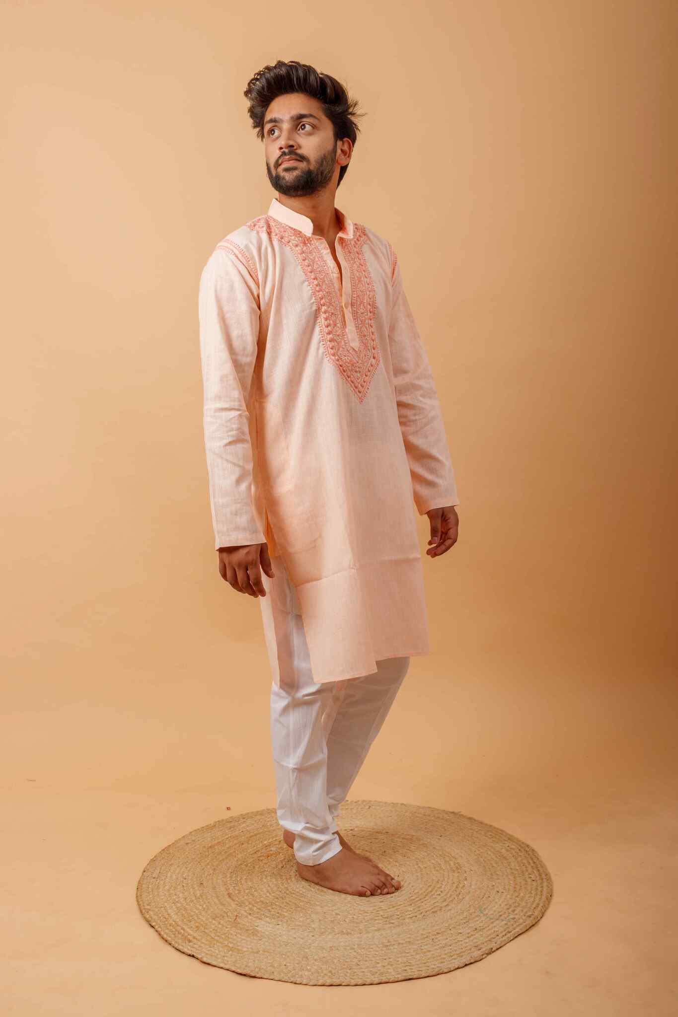 Arsh Handcrafted Salmon Orange Neck Embroidered Pure Cotton Men's Kurta - Image 5