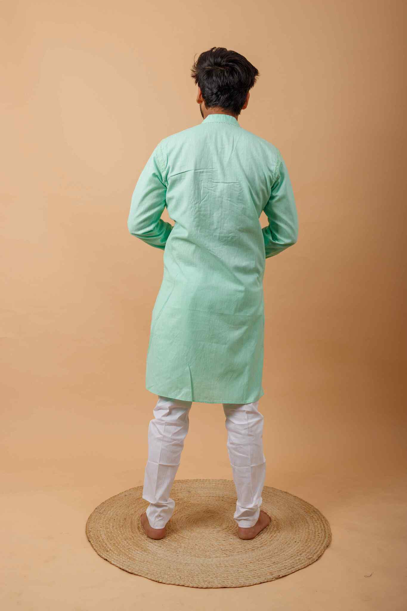 Arsh Handcrafted Mint Green Neck Embroidered Pure Cotton Men's Kurta - Image 2