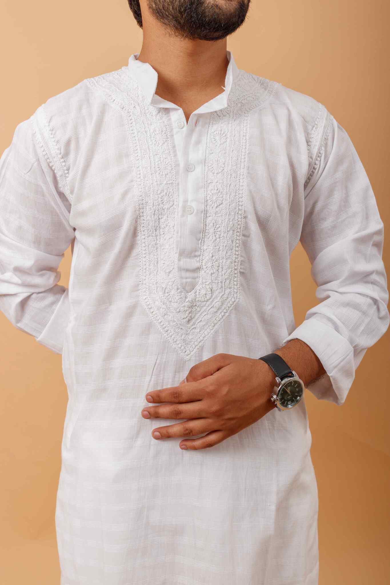Arsh Handcrafted Self-Checked Hand Embroidered Pure Cotton Men's Kurta - Image 3