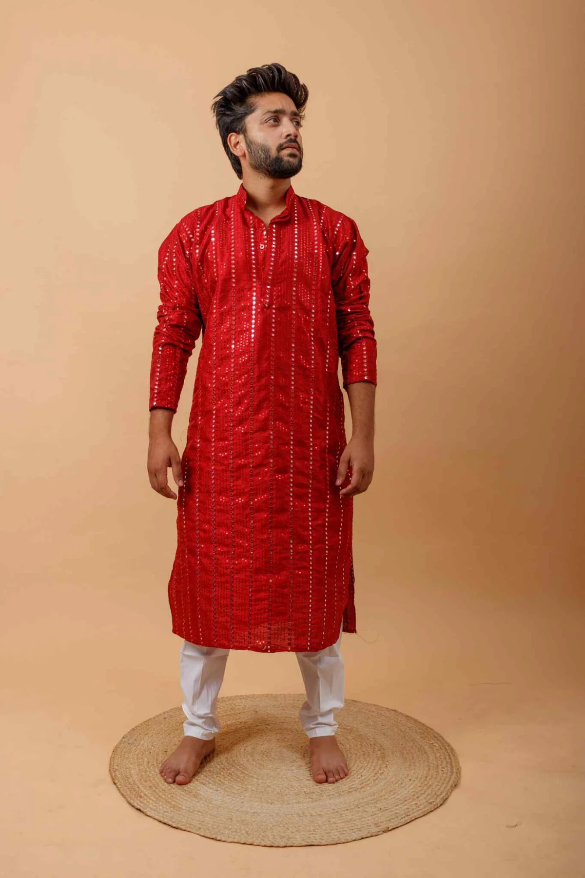 Arsh Maroon Red All Over Embroidered With Mirror Work Men's Kurta - Image 2