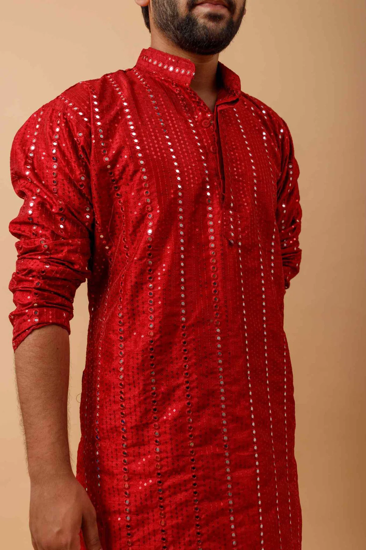 Arsh Maroon Red All Over Embroidered With Mirror Work Men's Kurta - Image 3