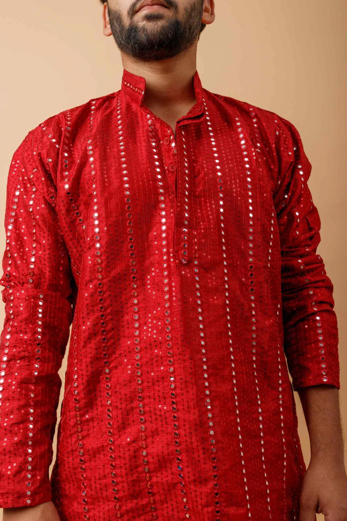 Arsh Maroon Red All Over Embroidered With Mirror Work Men's Kurta - Image 4