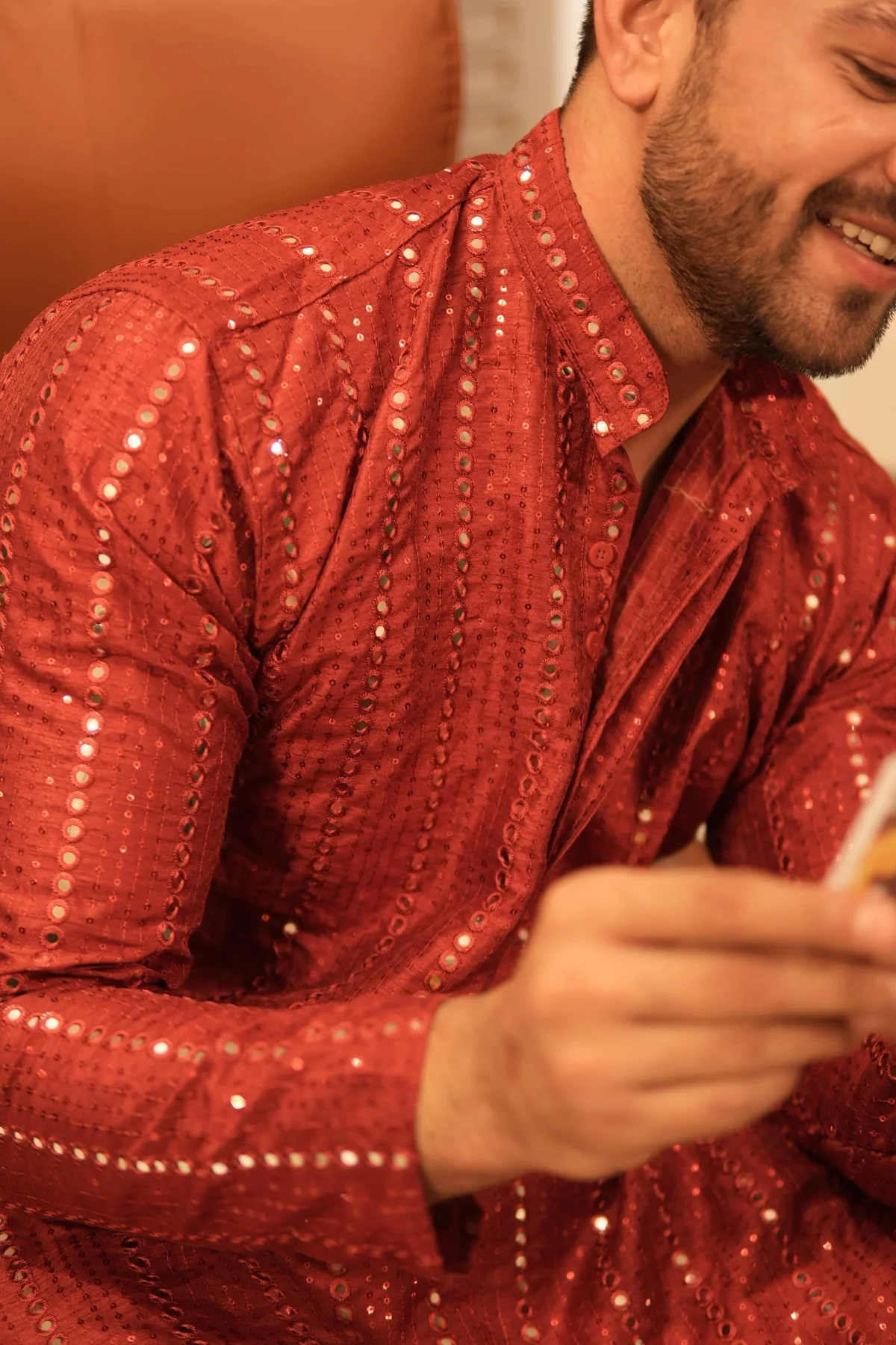 Arsh Maroon Red All Over Embroidered With Mirror Work Men's Kurta - Image 9