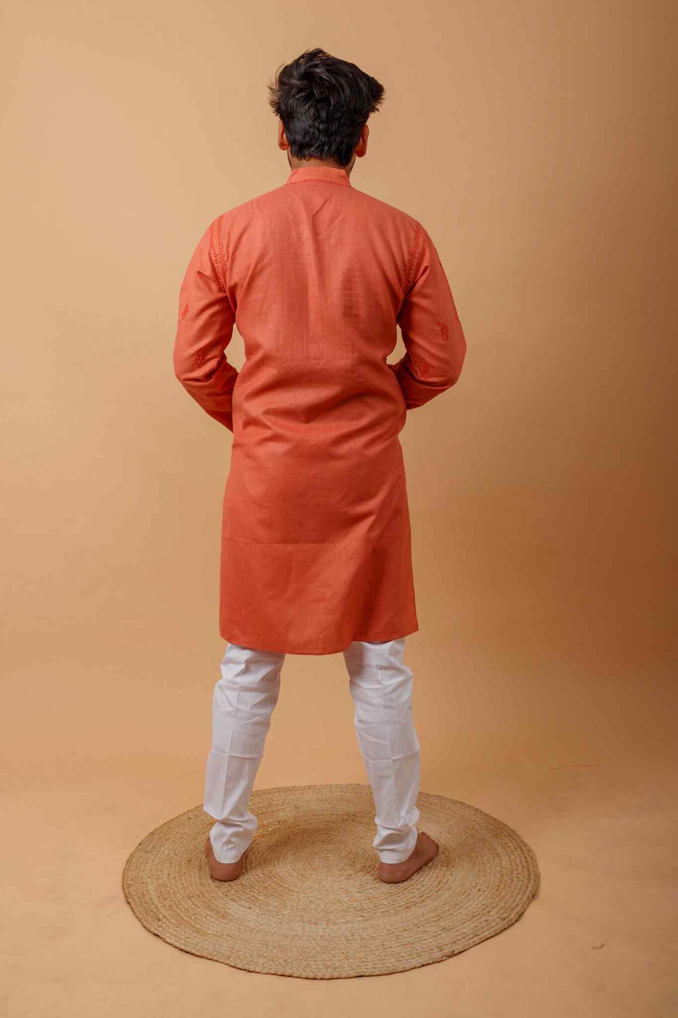 Arsh Handcrafted Orange Gala Booti Pure Cotton Men's Kurta - Image 2