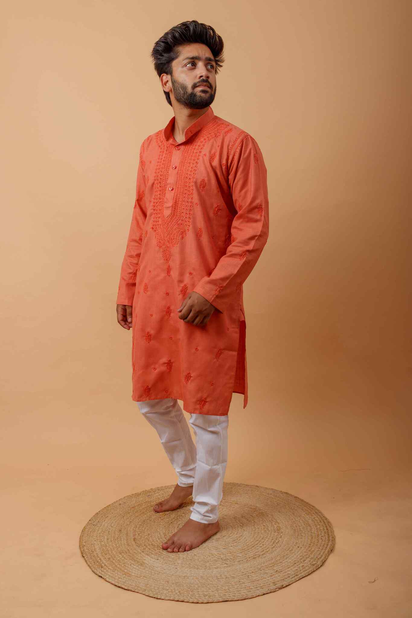 Arsh Handcrafted Orange Gala Booti Pure Cotton Men's Kurta - Image 5