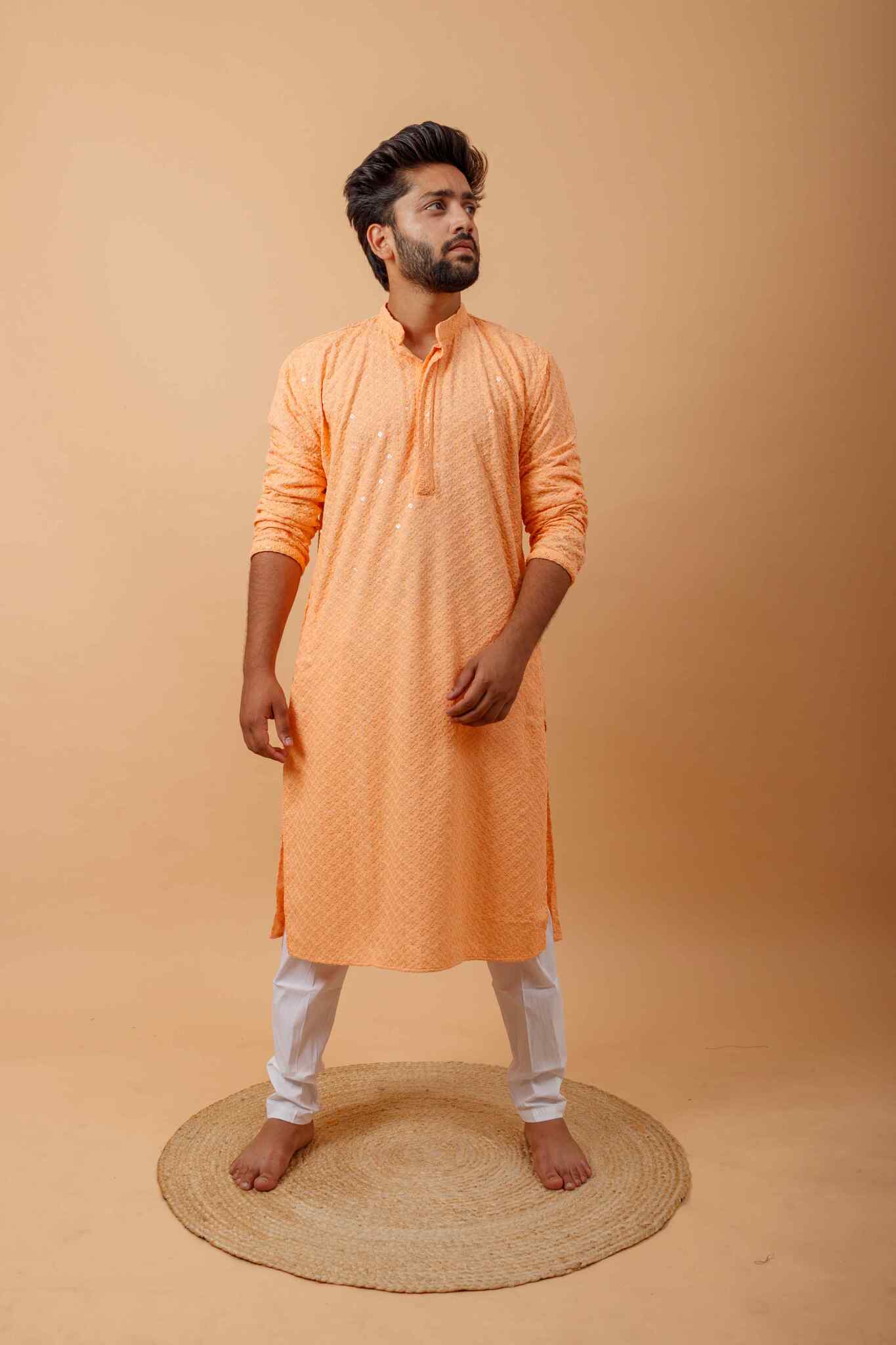 Arsh Peach All Over Embroidered With Sequins Men's Kurta - Image 4