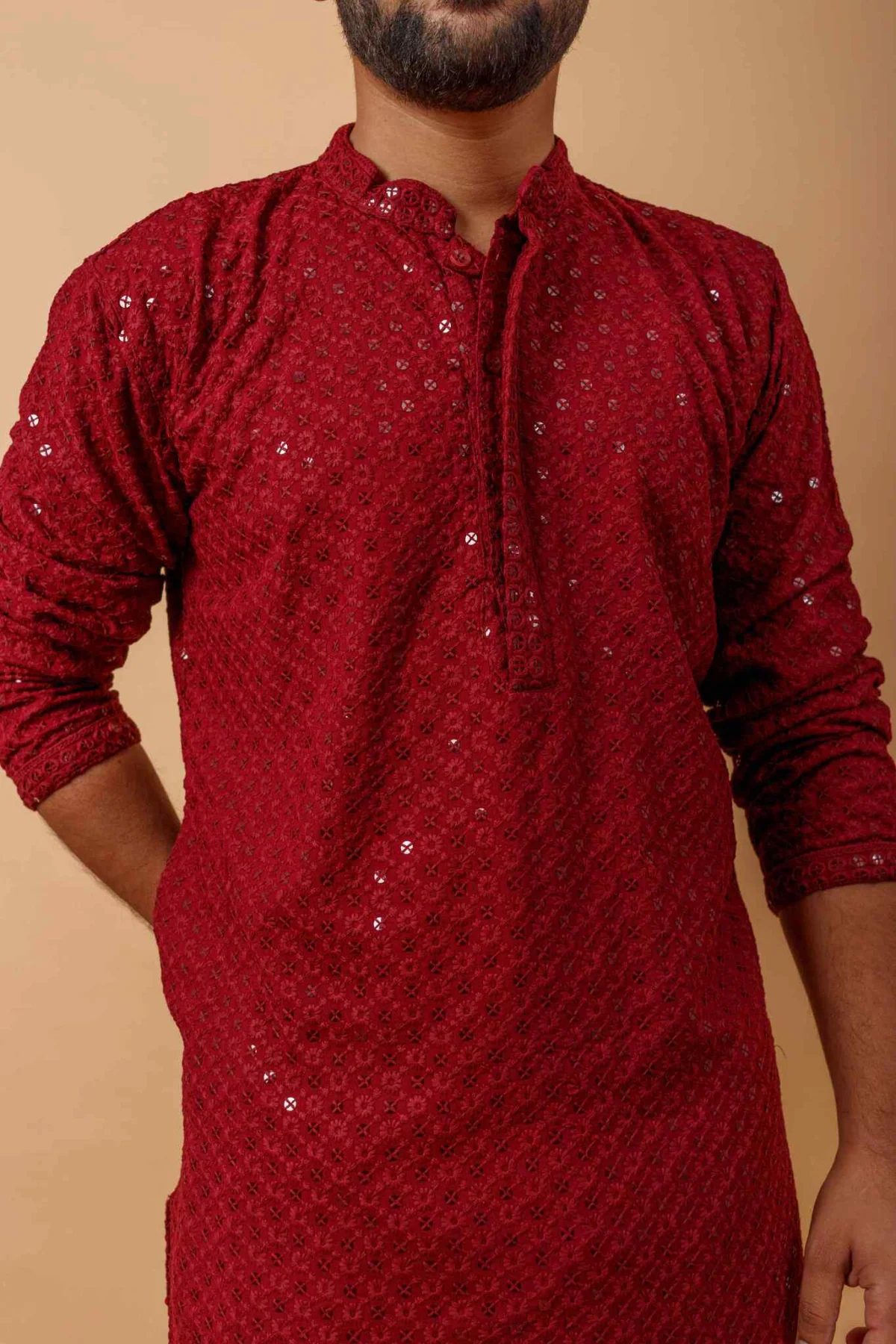 Arsh Maroon All Over Embroidered With Sequins Men's Kurta - Image 3