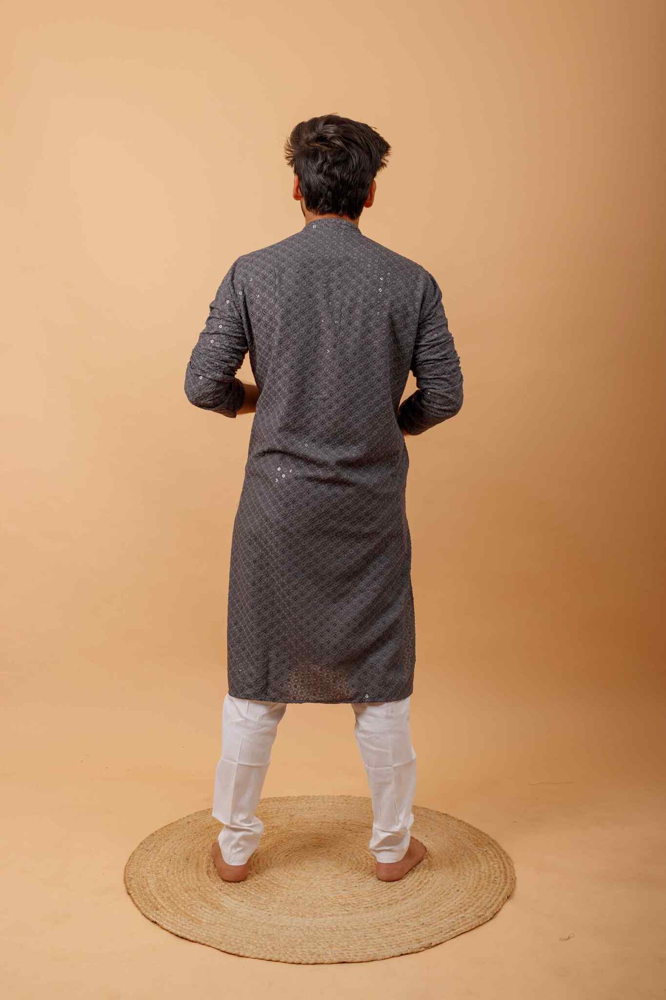 Arsh Steel Grey All Over Embroidered With Sequins Men's Kurta - Image 2