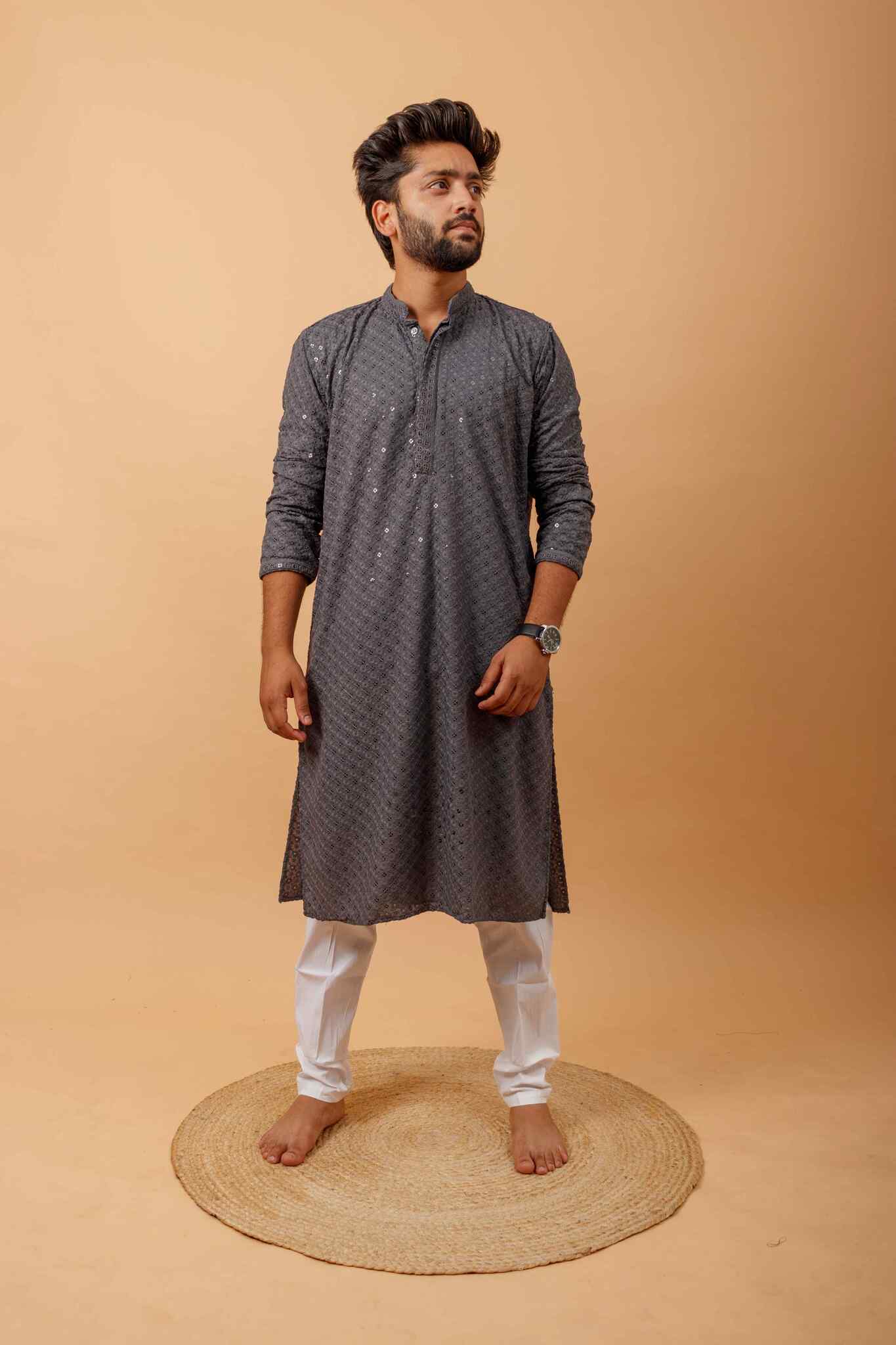 Arsh Steel Grey All Over Embroidered With Sequins Men's Kurta - Image 4