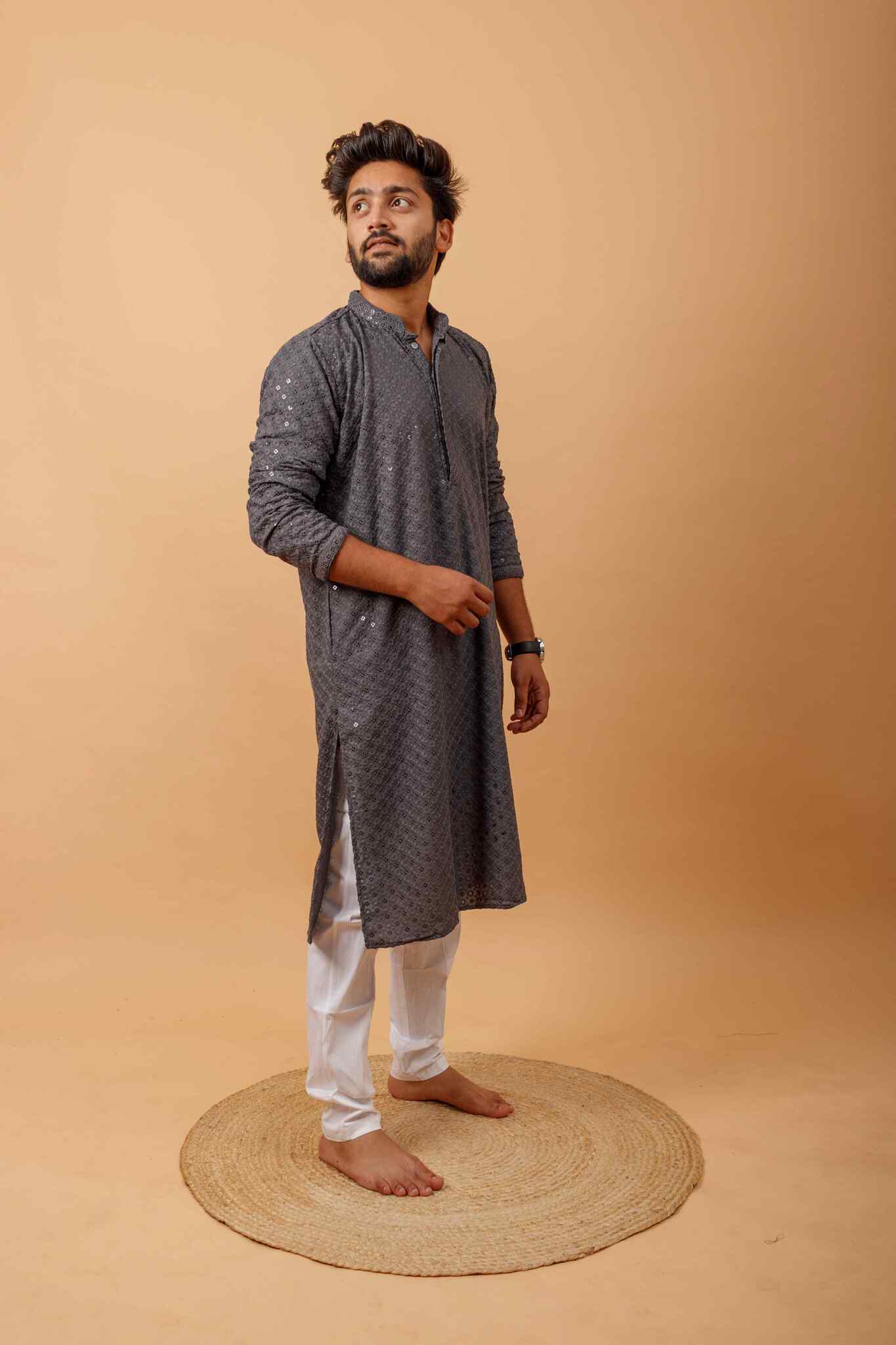 Arsh Steel Grey All Over Embroidered With Sequins Men's Kurta - Image 5