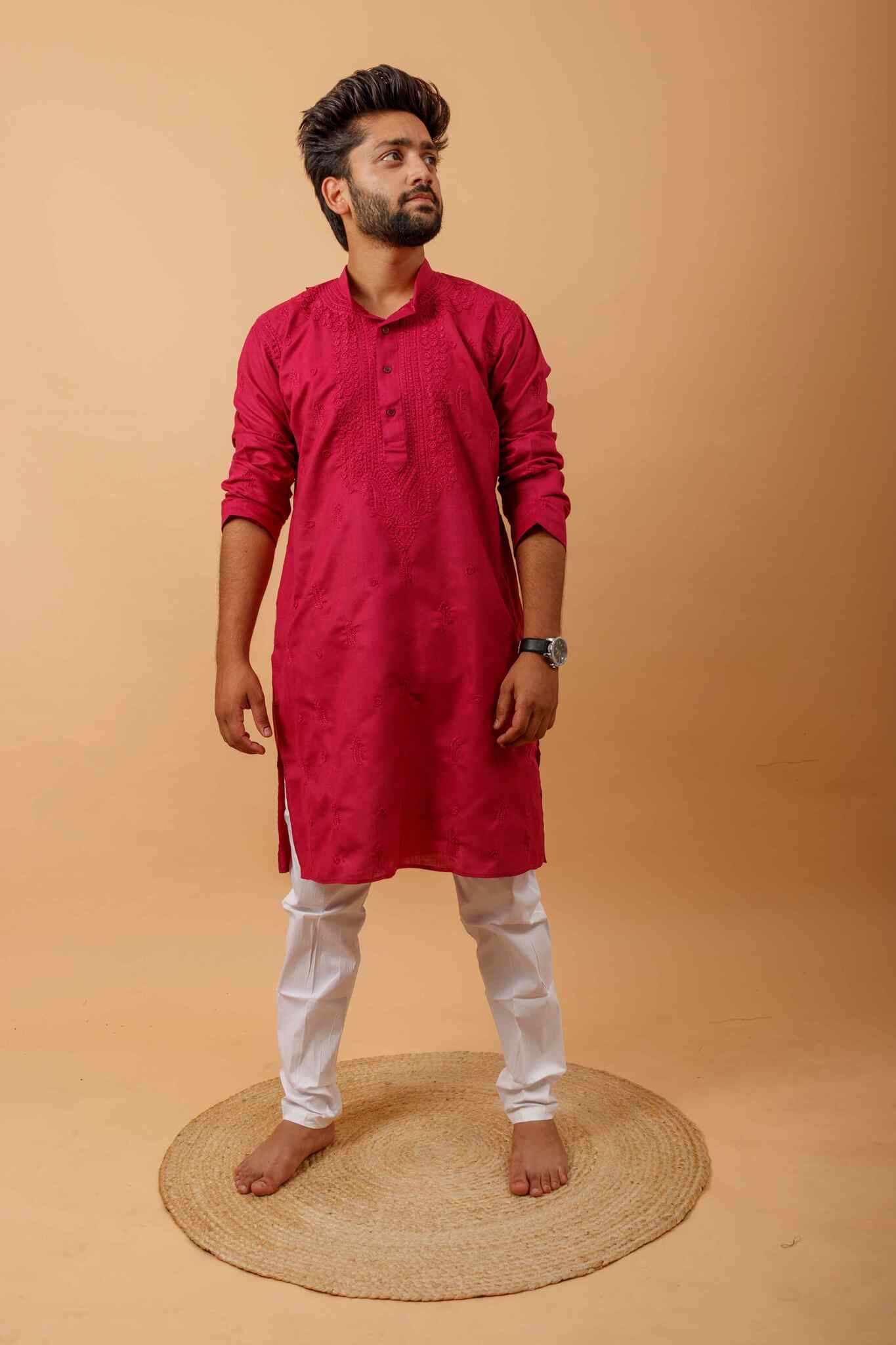 Arsh Handcrafted Dark Red Gala Booti Pure Cotton Men's Kurta - Image 4