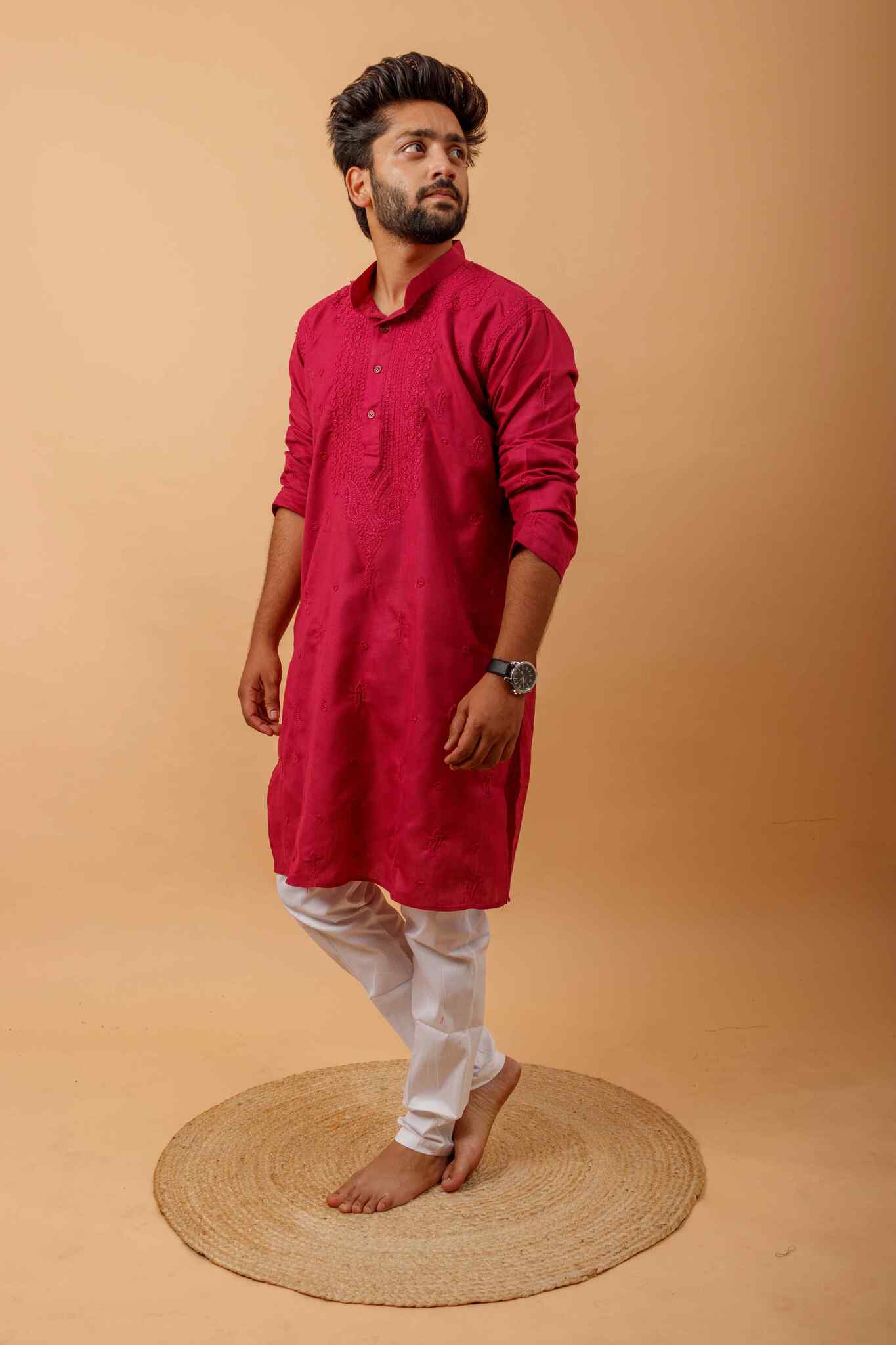 Arsh Handcrafted Dark Red Gala Booti Pure Cotton Men's Kurta - Image 5